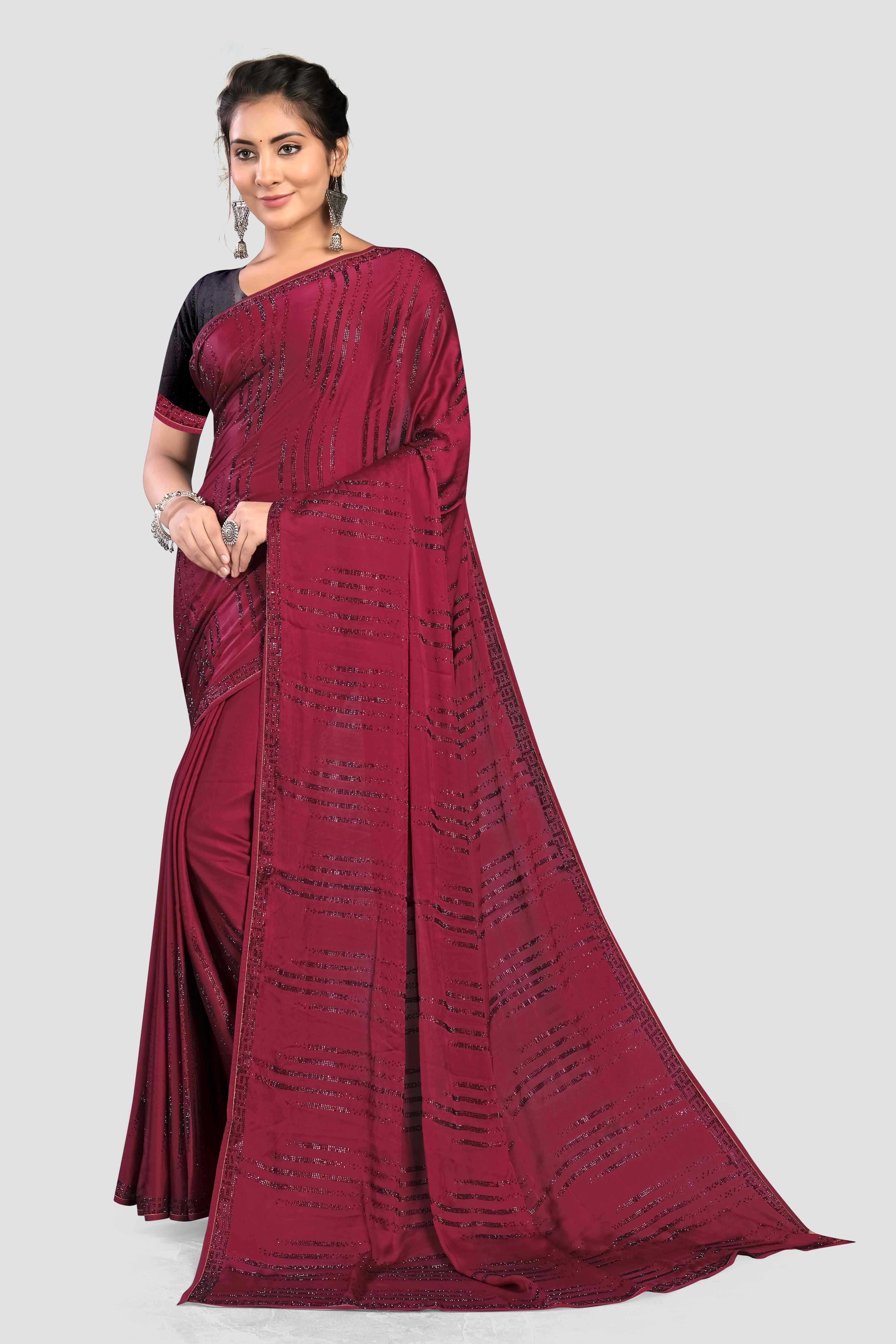 Wine Stonework Satin Saree - Kajree