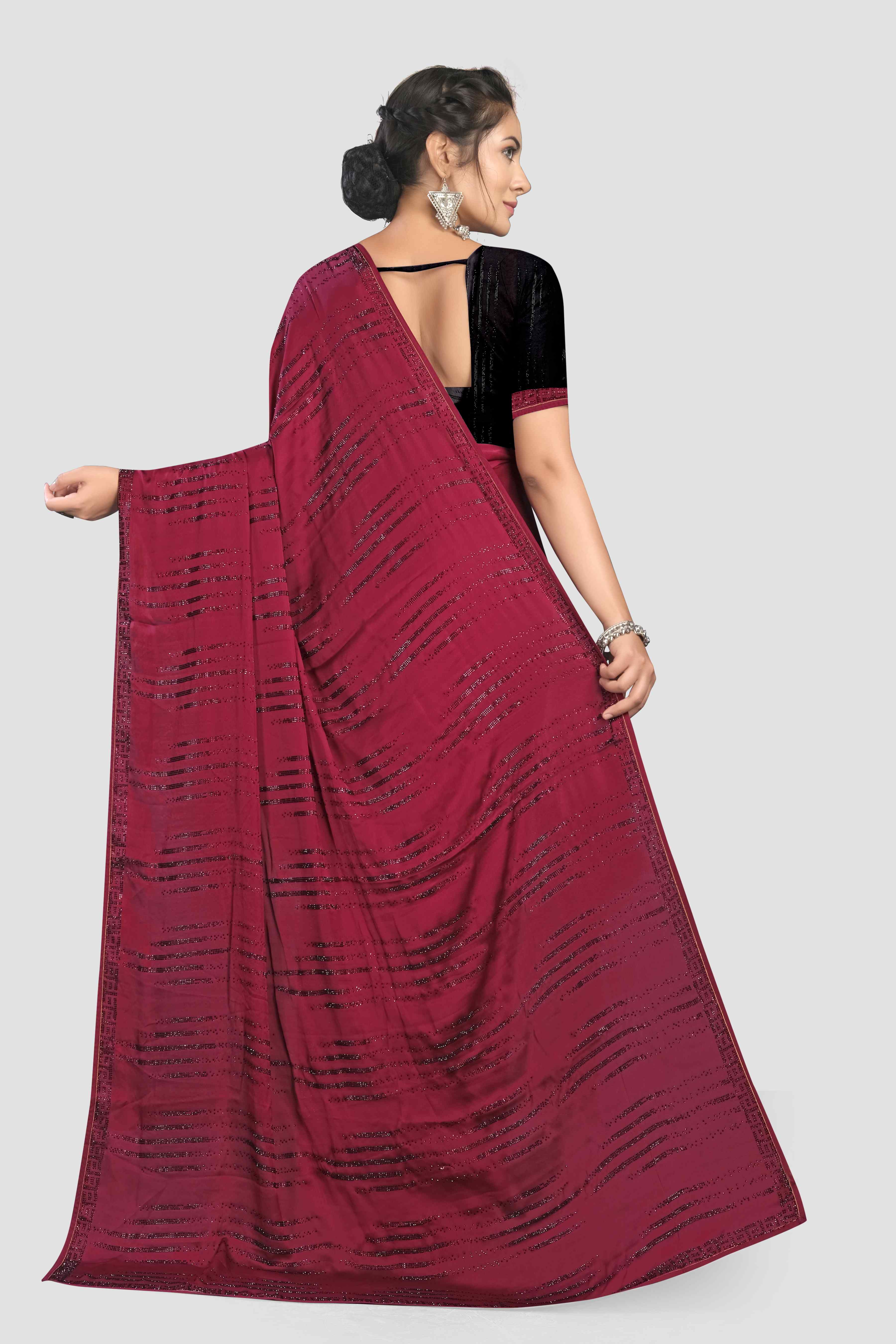 Wine Stonework Satin Saree - Kajree
