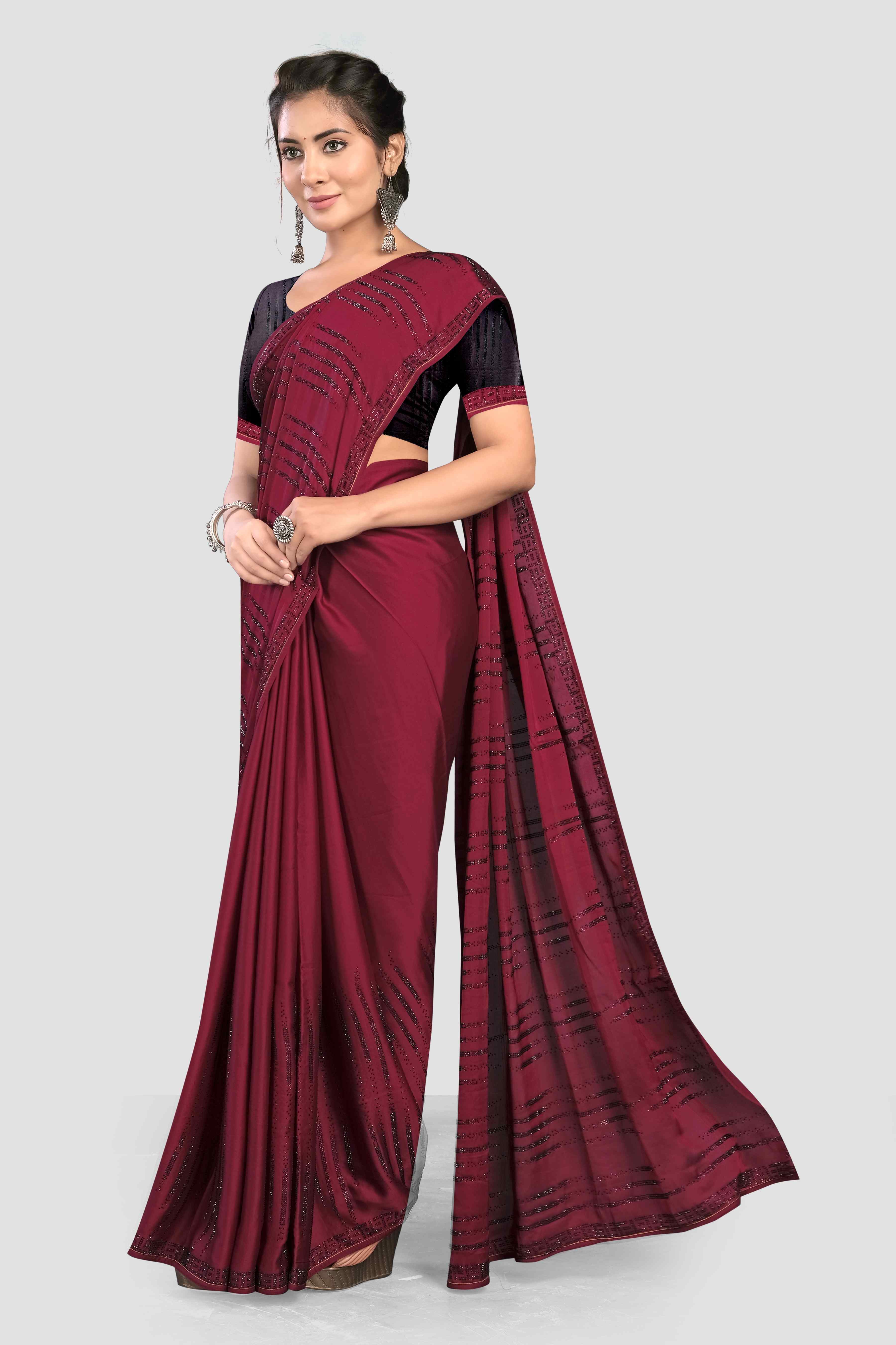 Wine Stonework Satin Saree - Kajree