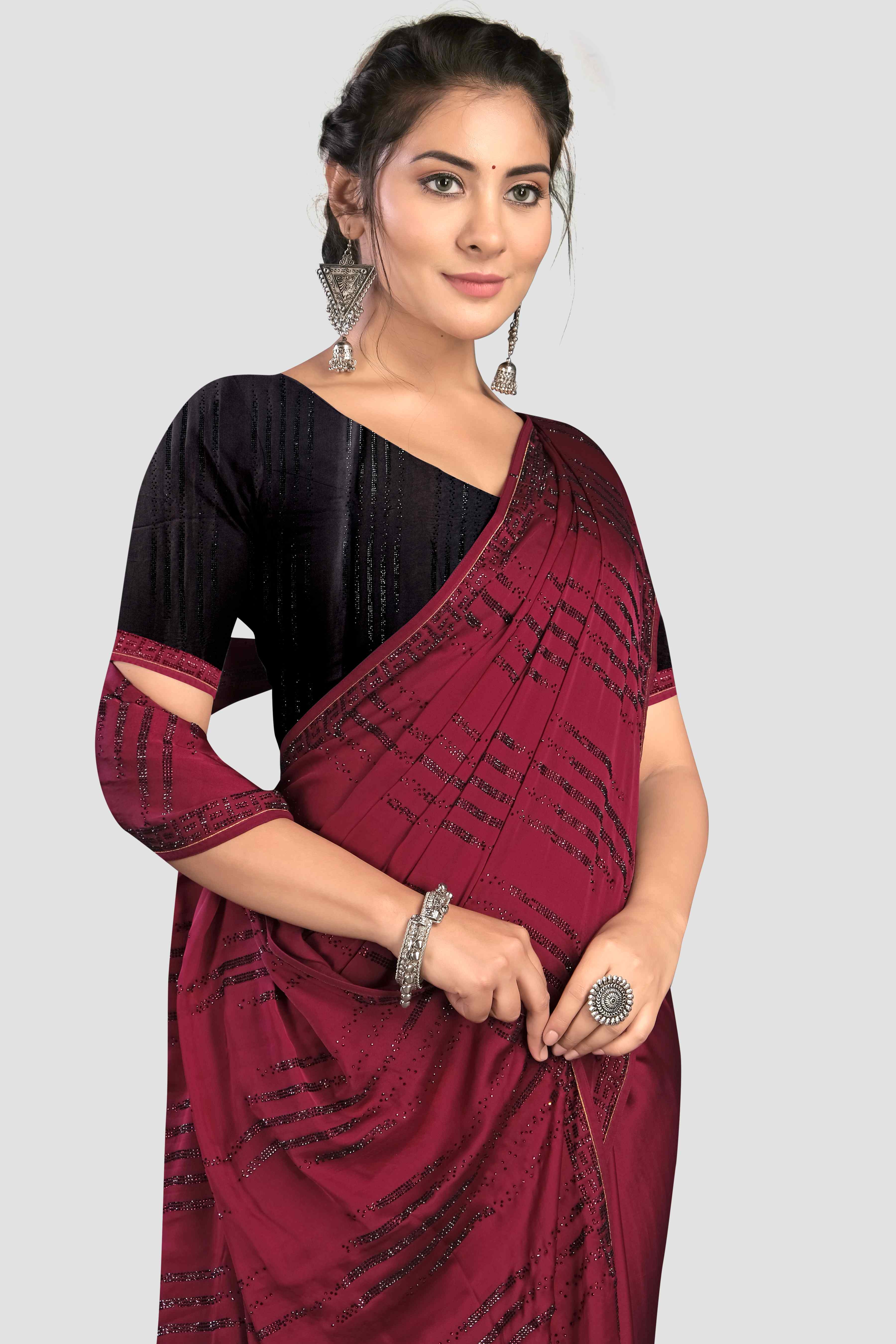 Wine Stonework Satin Saree - Kajree
