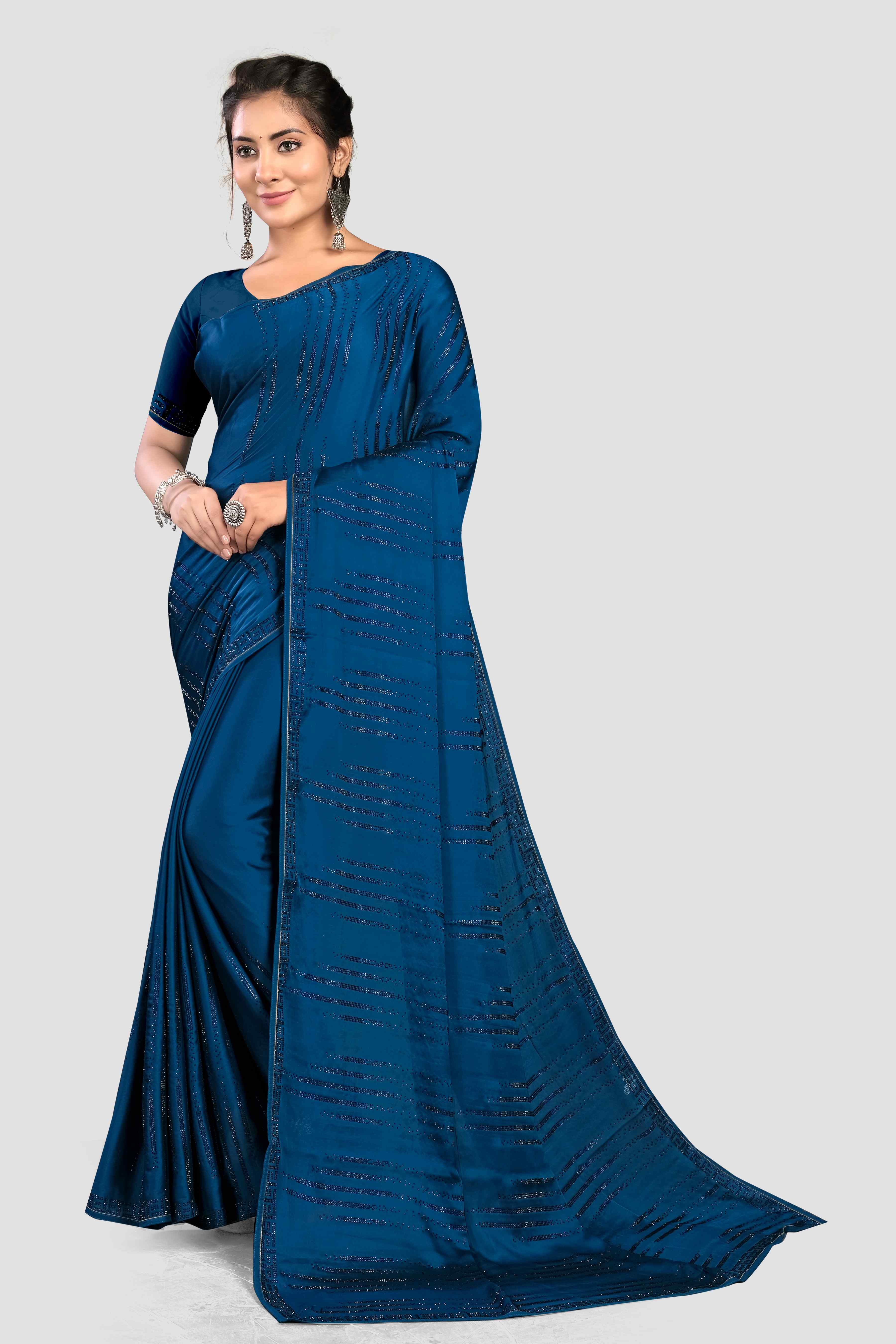 Rama Blue Stonework Satin Saree - Kajree