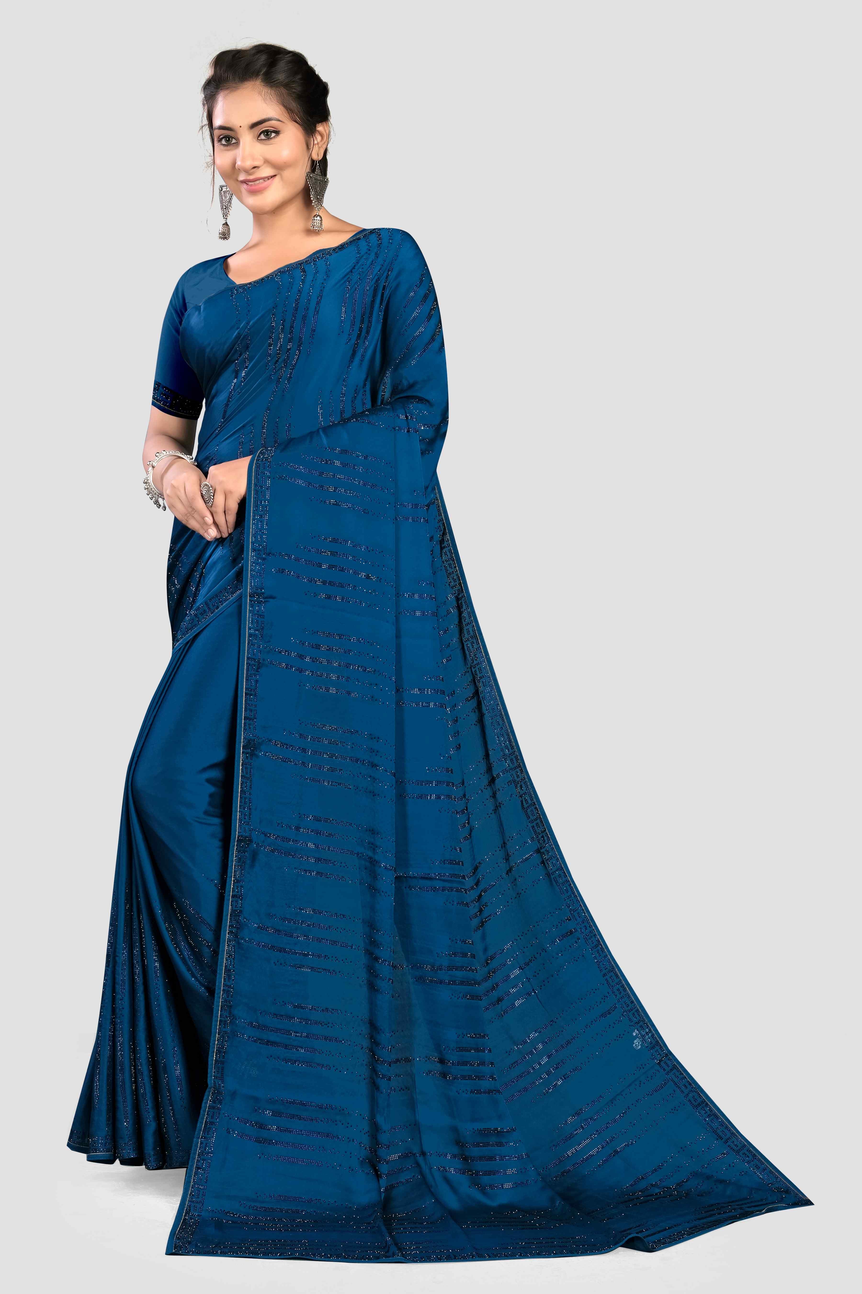 Rama Blue Stonework Satin Saree - kajree