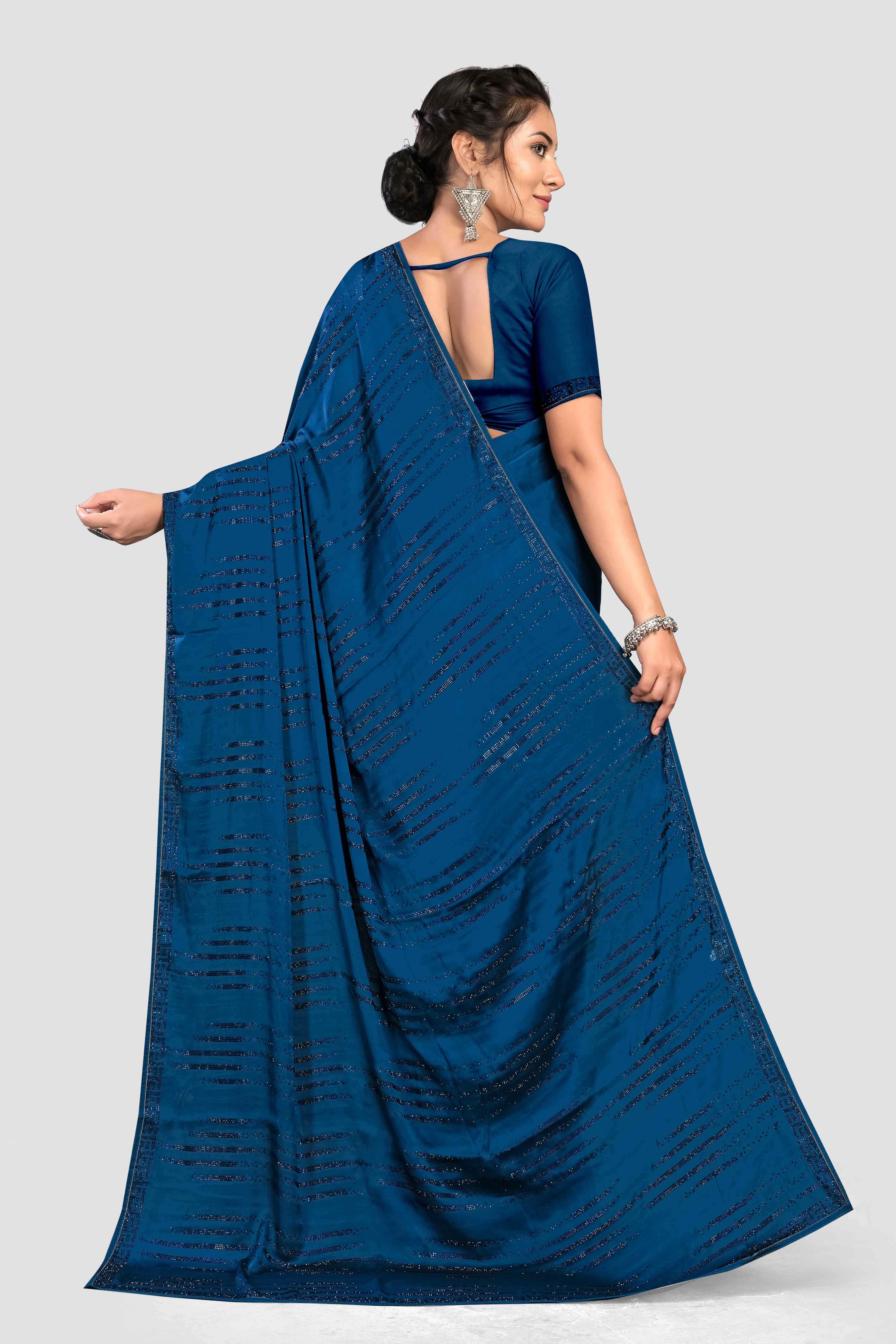 Rama Blue Stonework Satin Saree - kajree