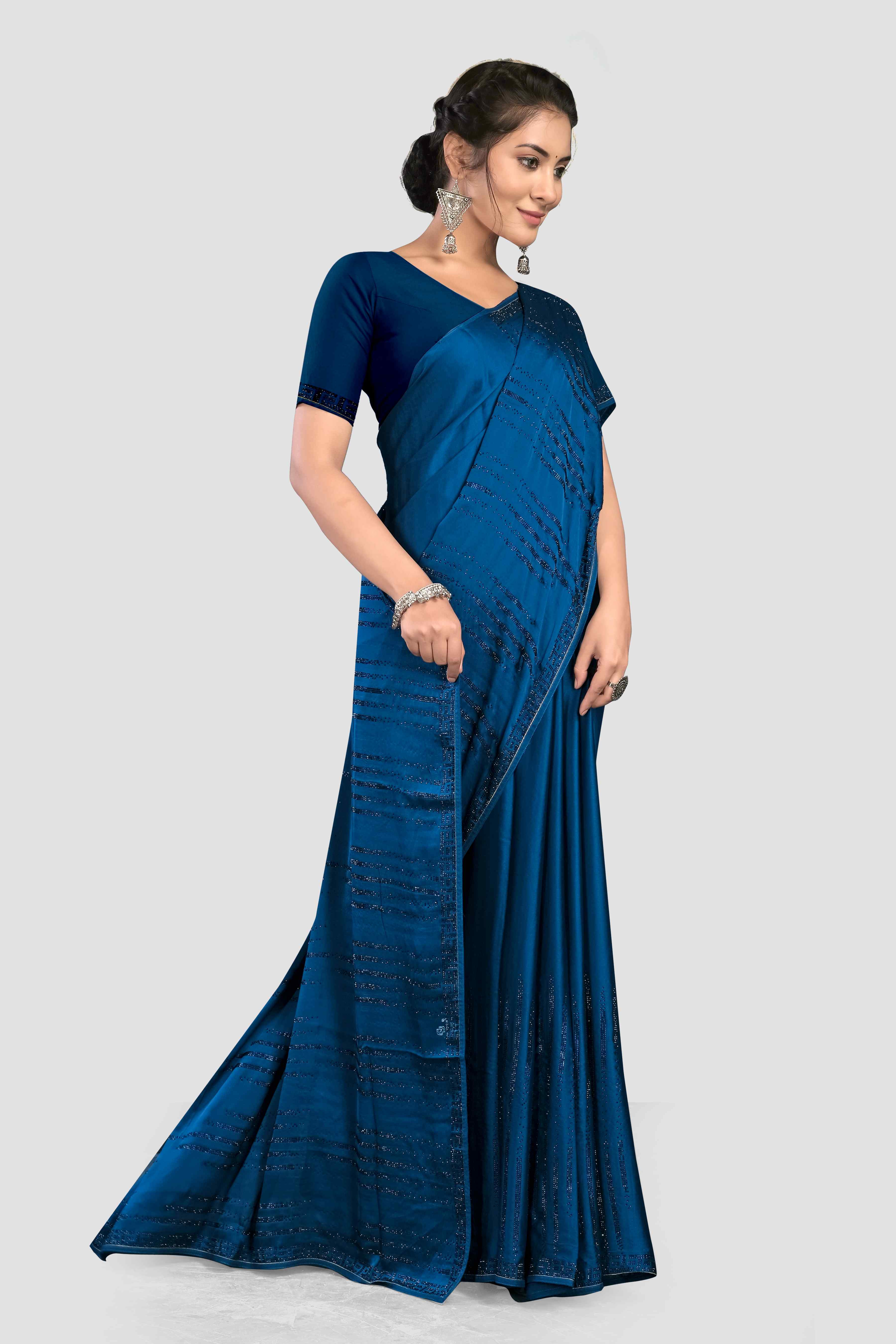 Rama Blue Stonework Satin Saree - kajree