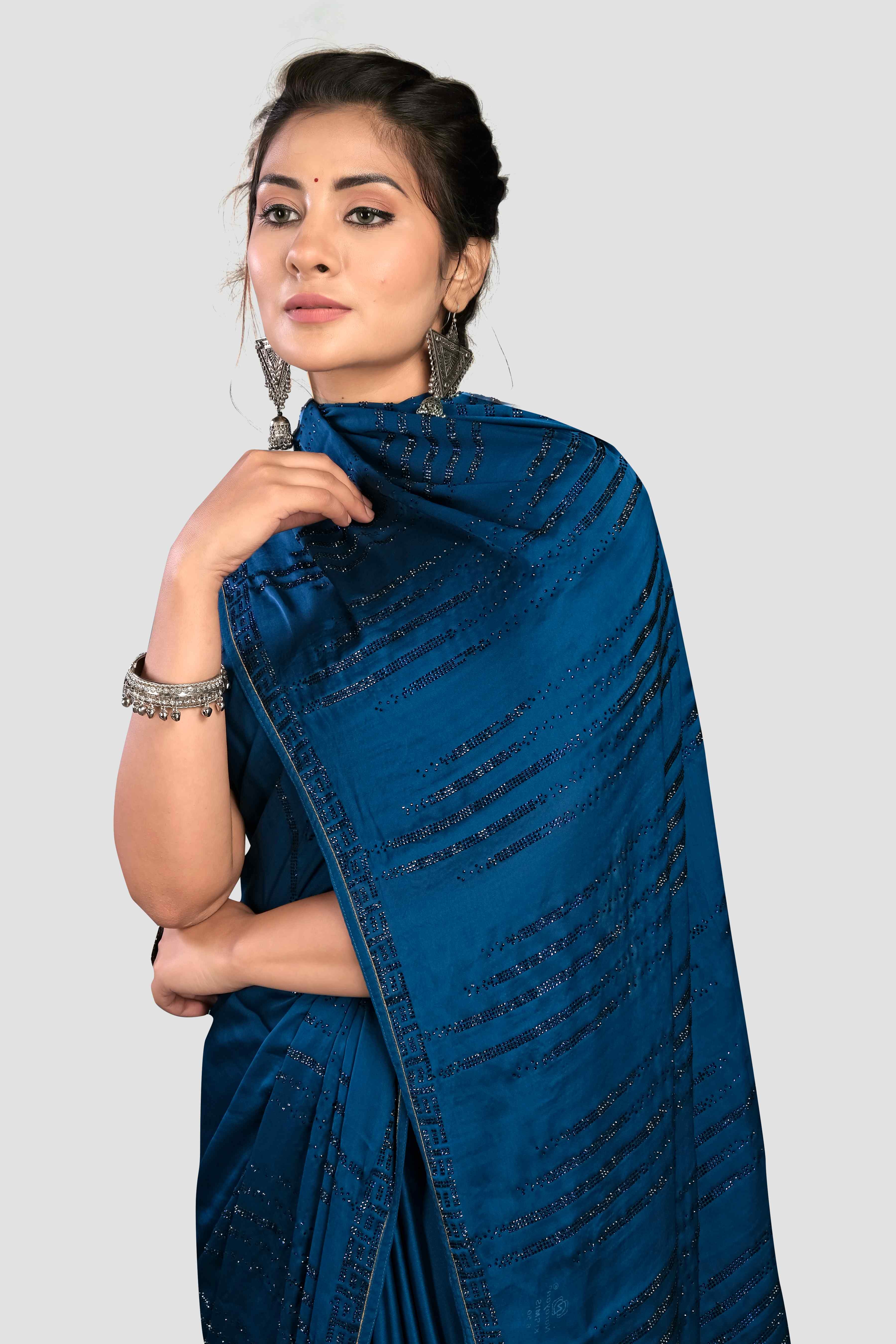 Rama Blue Stonework Satin Saree 