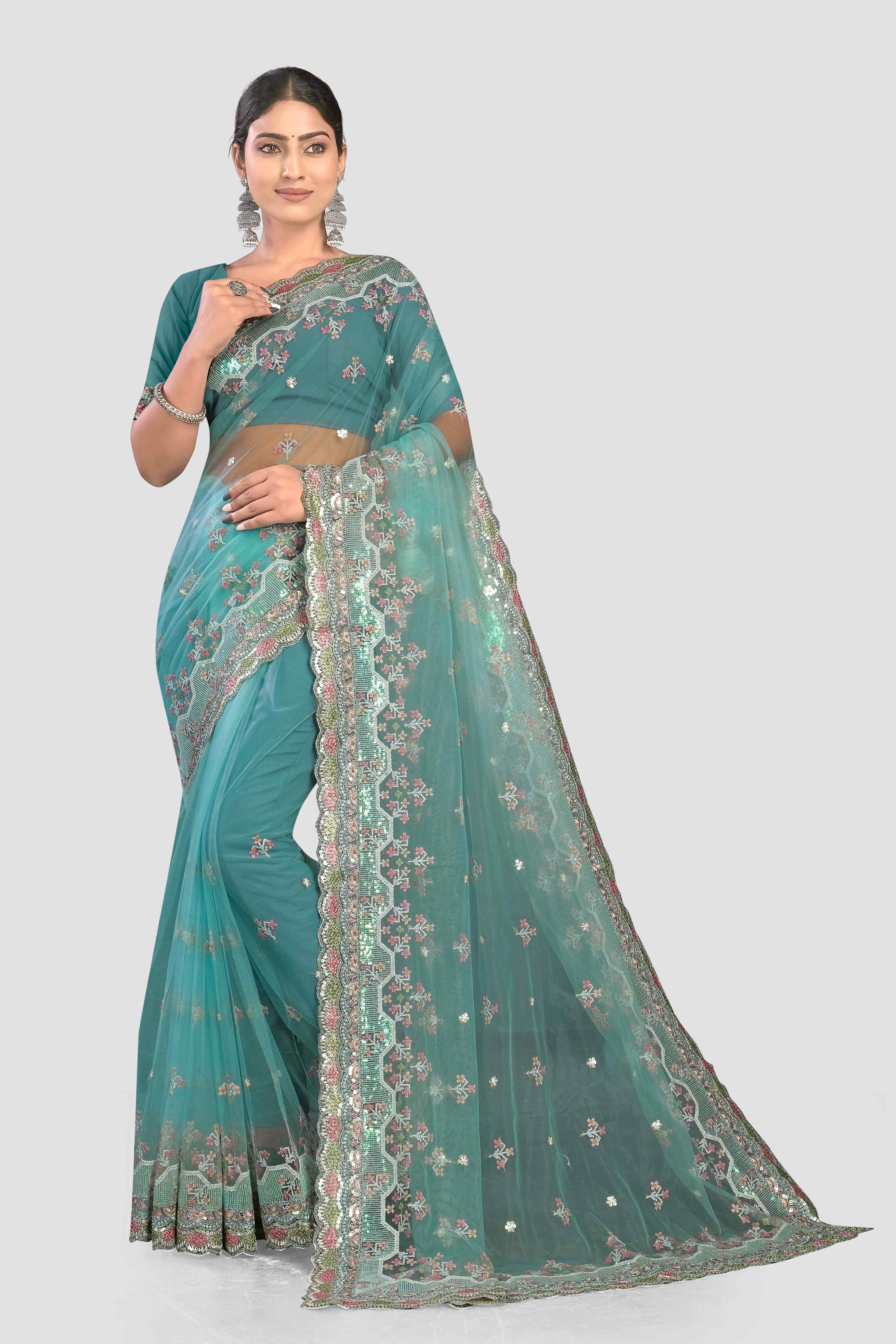 Sea Green Stonework Net Saree - KAJREE