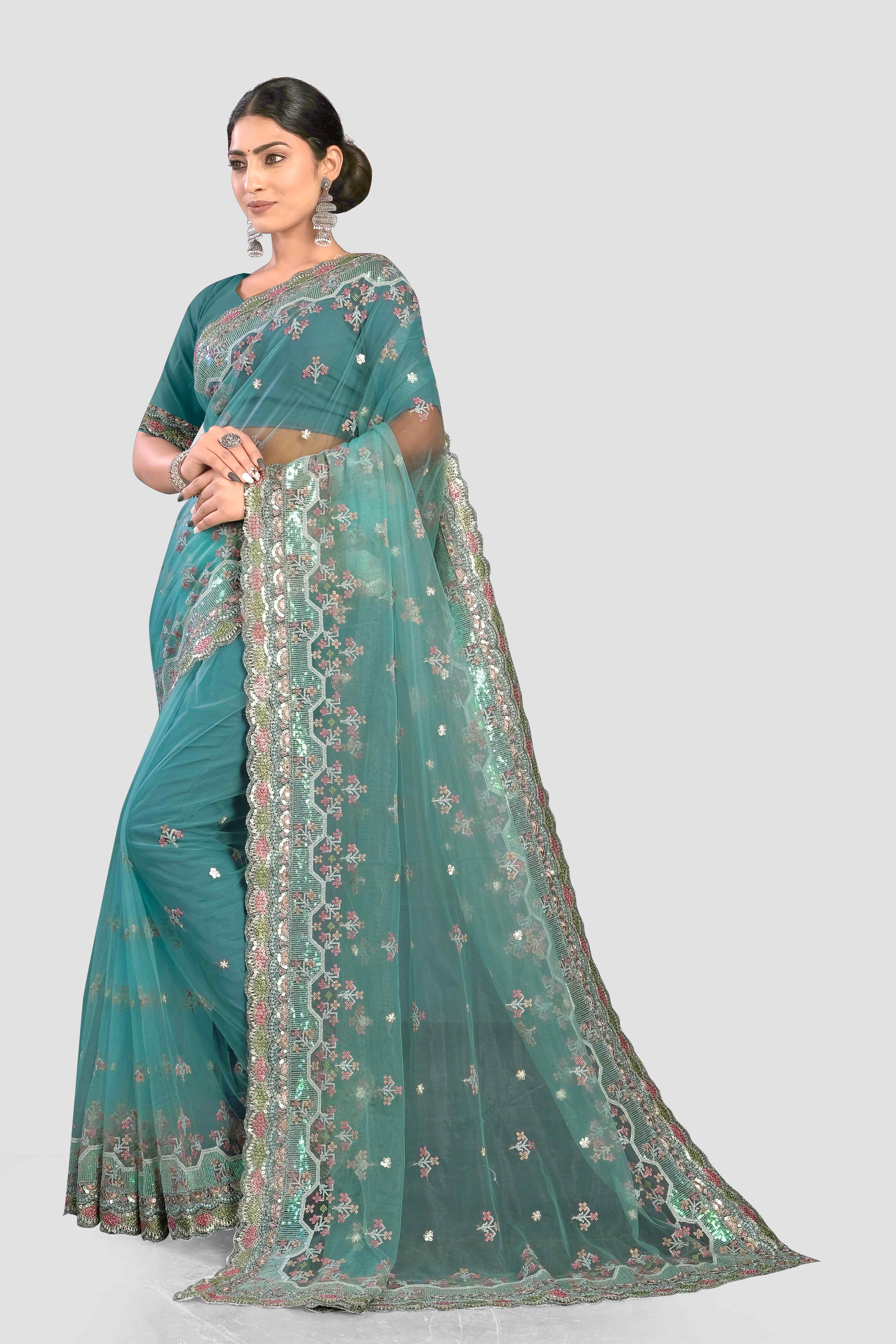 Sea Green Stonework Net Saree - KAJREE