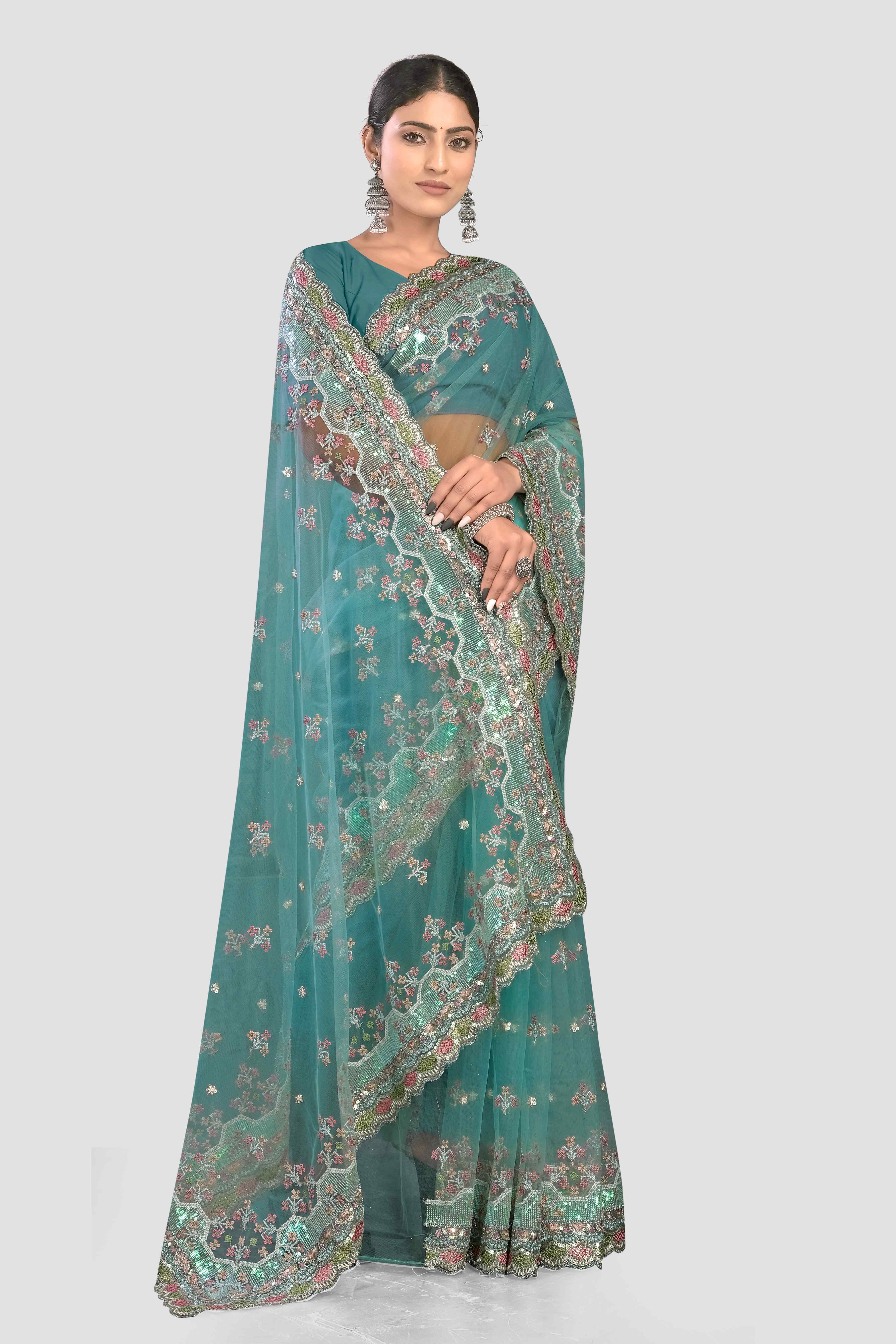 Sea Green Stonework Net Saree - KAJREE