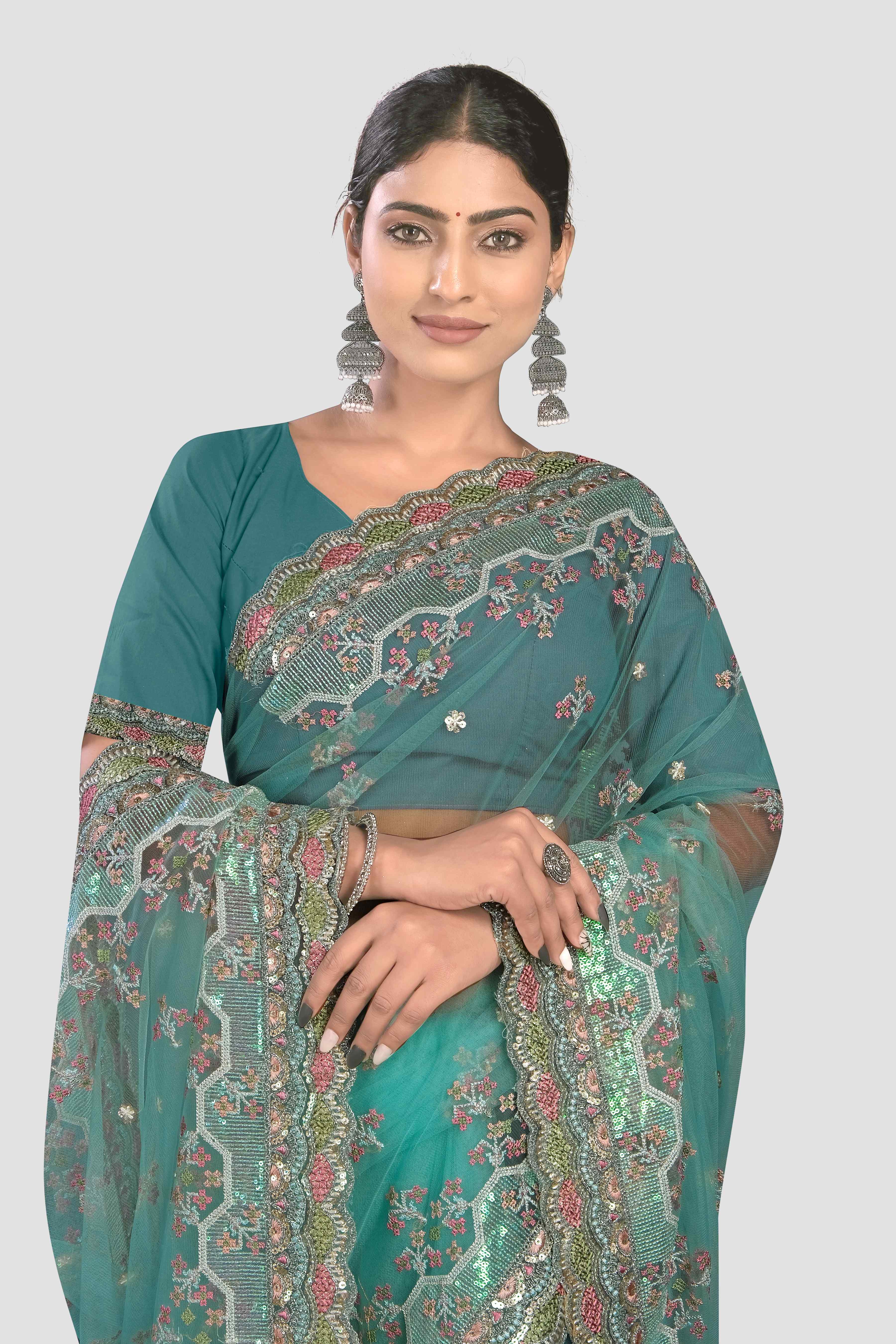 Sea Green Stonework Net Saree - KAJREE