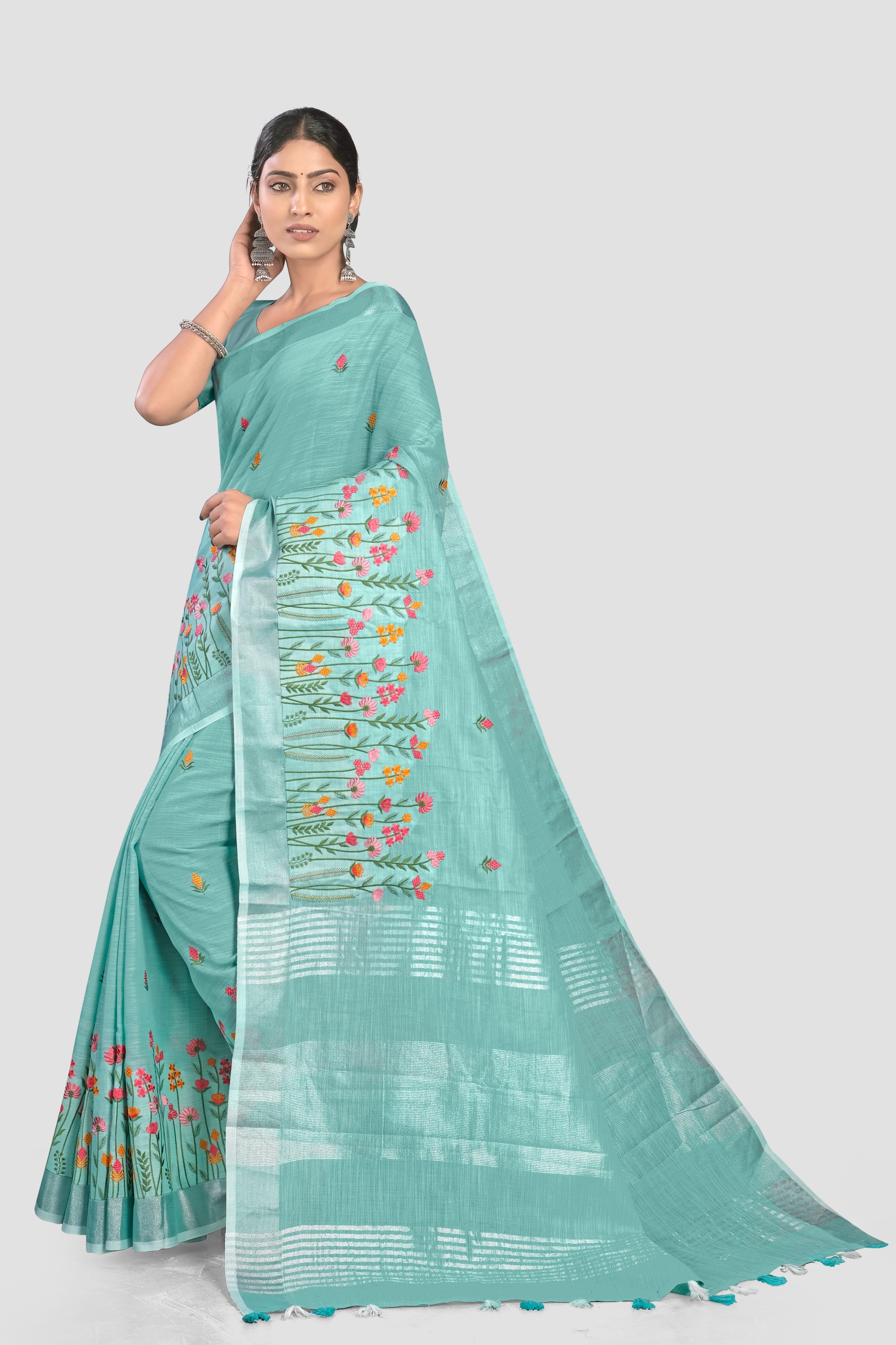 Sea Green Threadwork Linen Saree - KAJREE