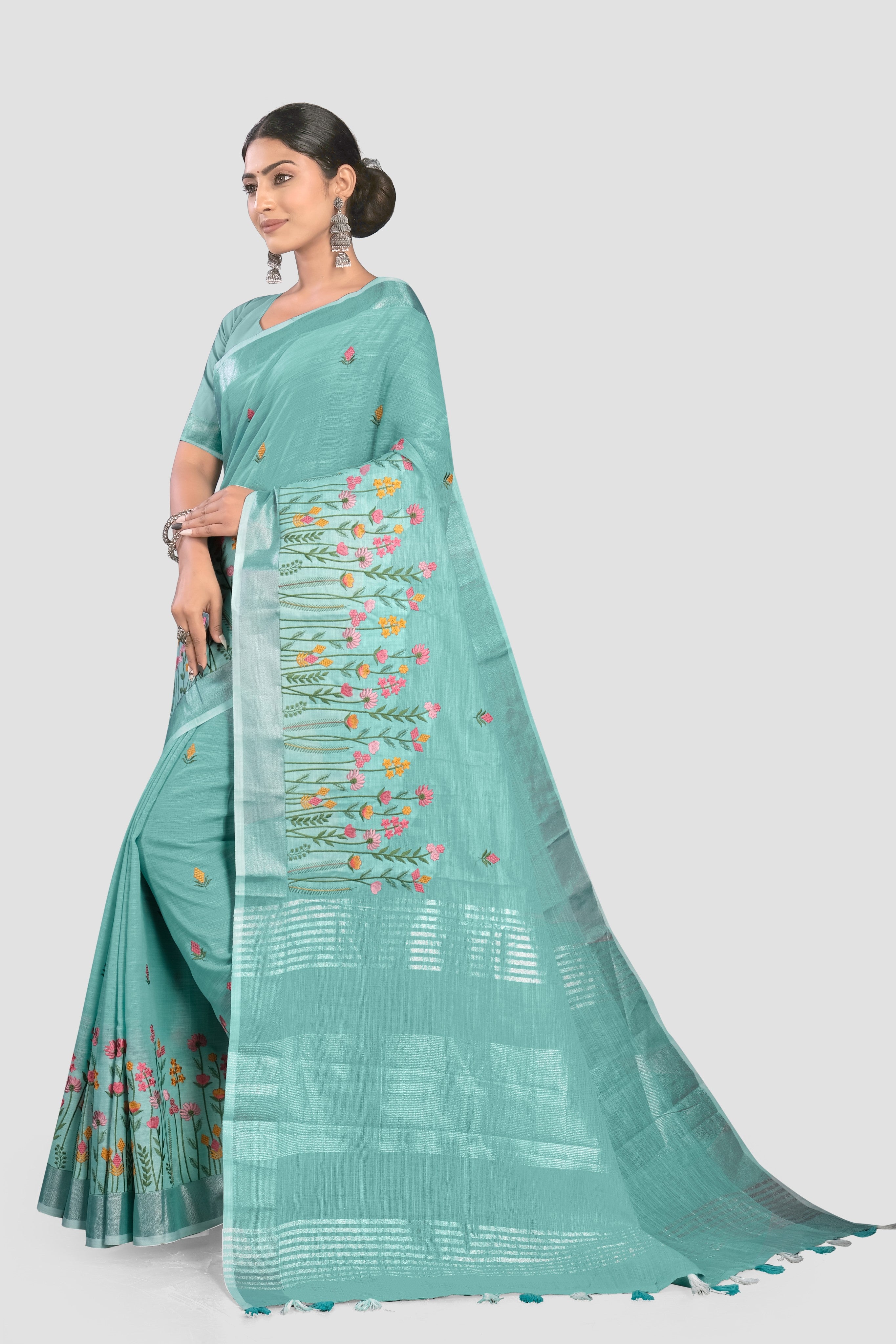 Sea Green Threadwork Linen Saree - KAJREE