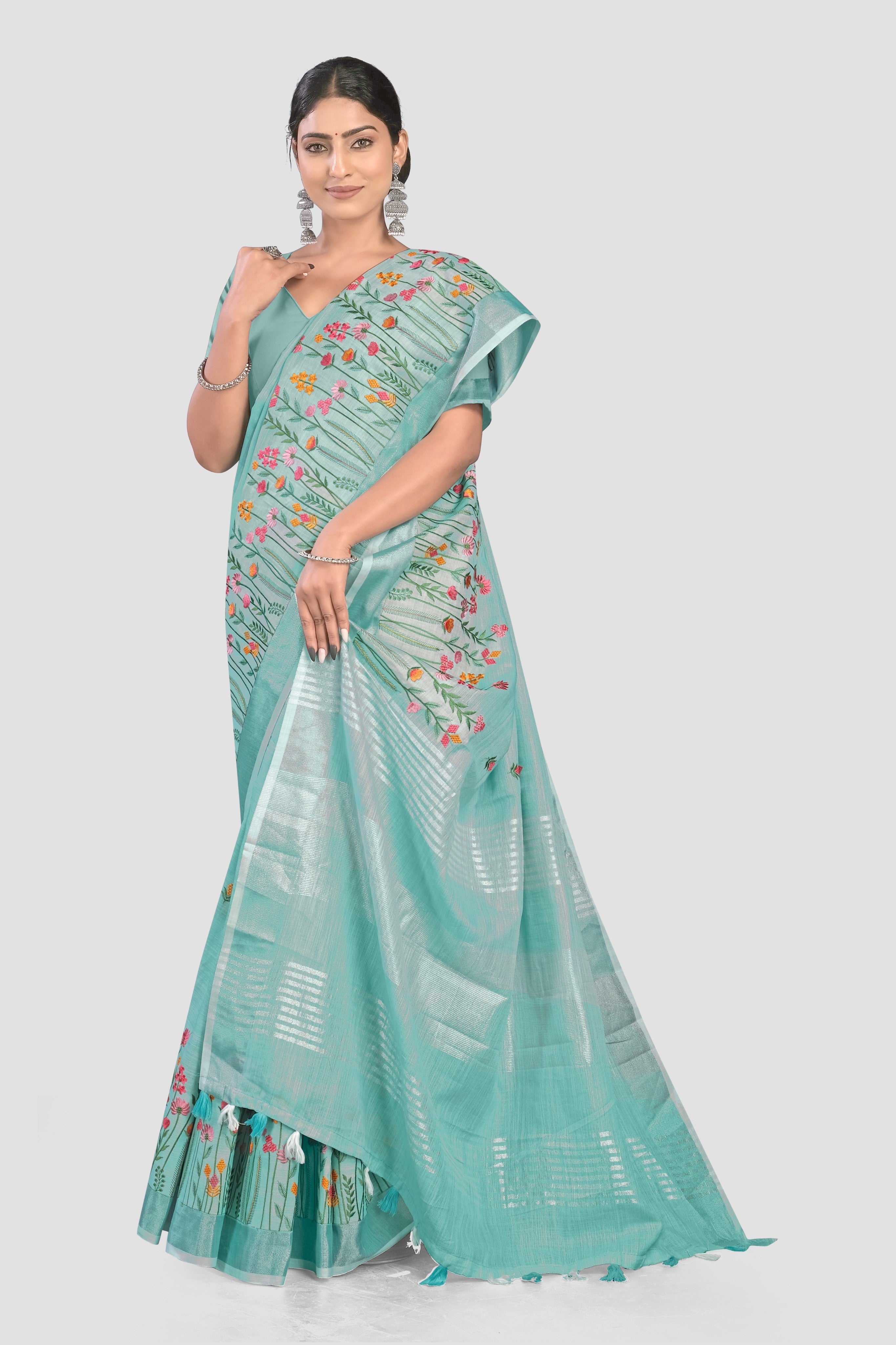 Sea Green Threadwork Linen Saree - KAJREE