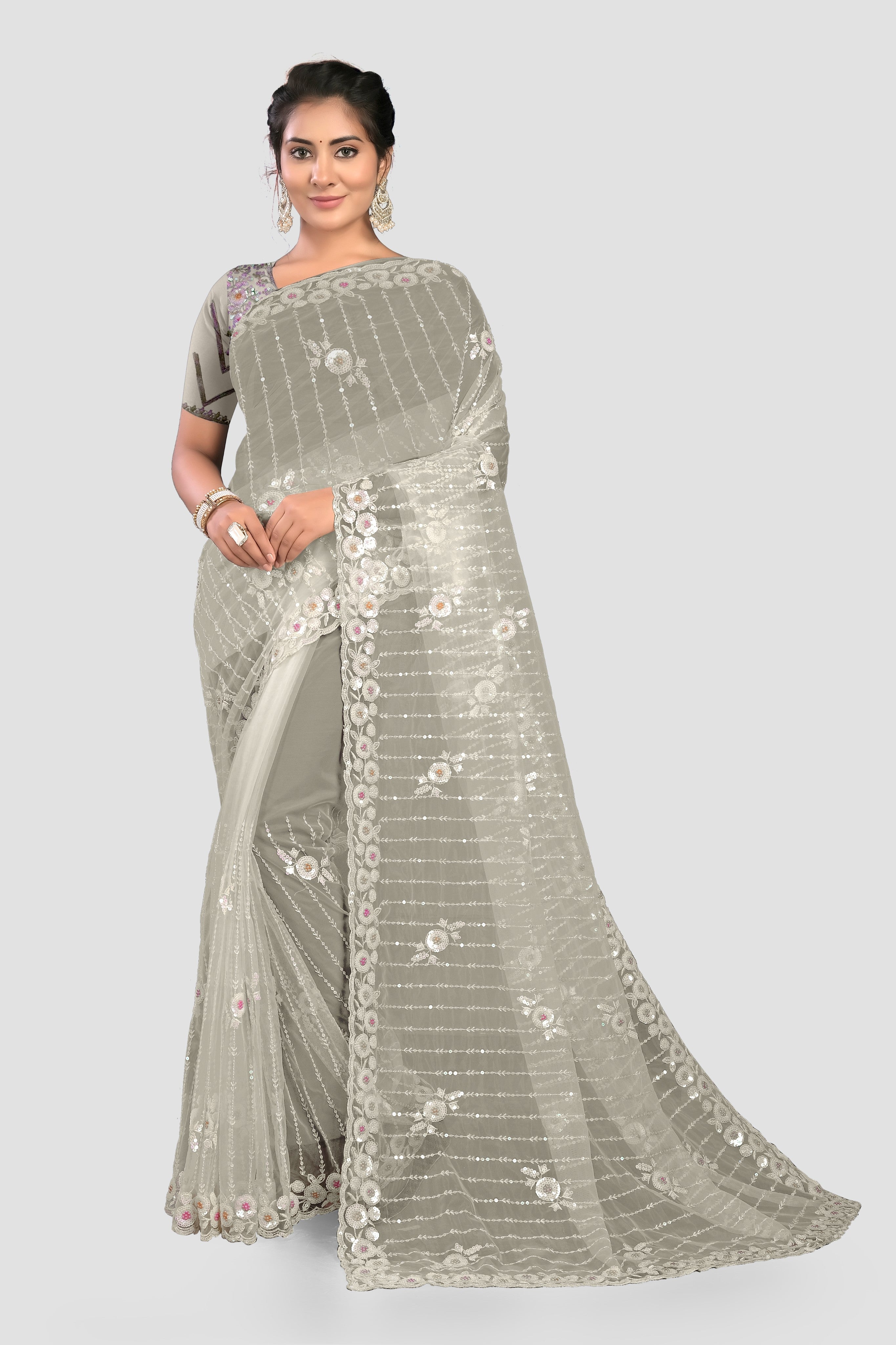 Cream StoneWork Net Saree 