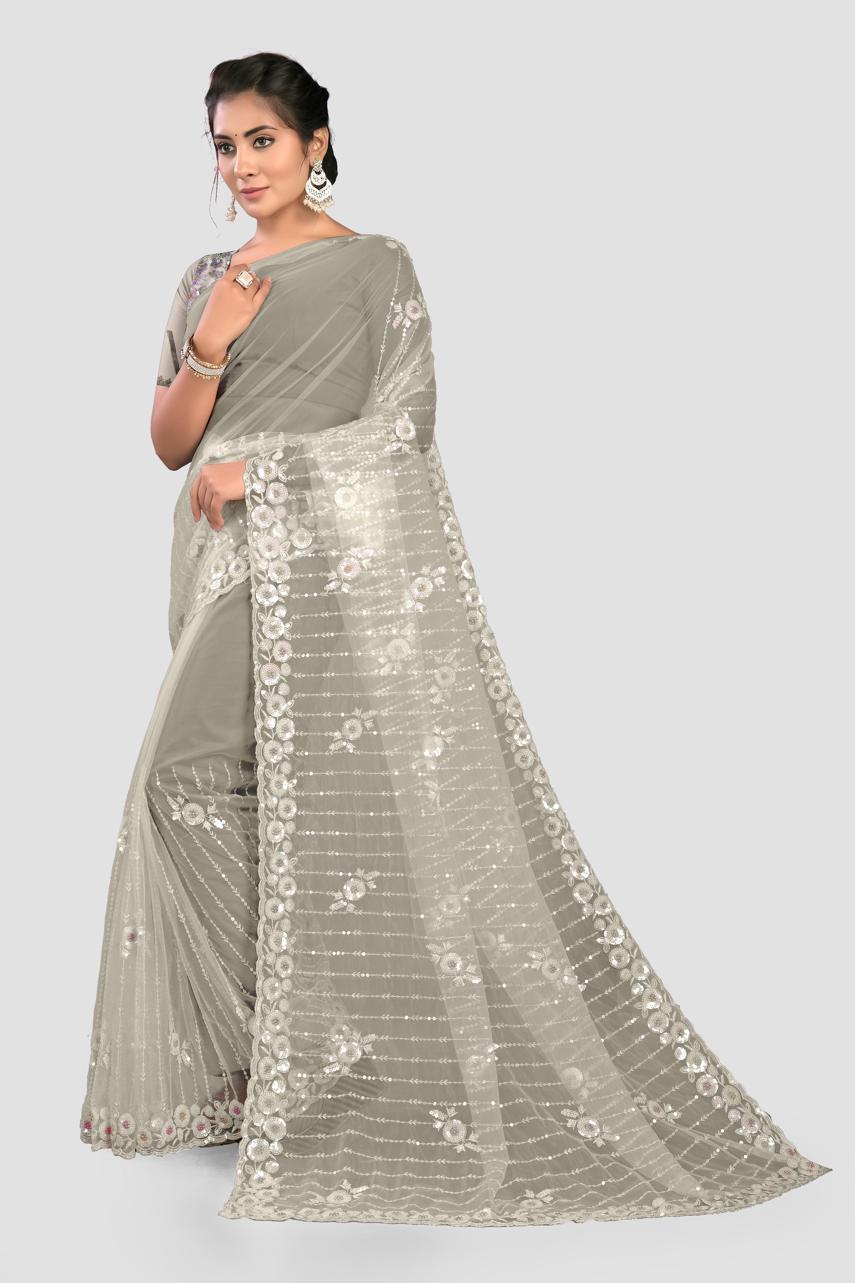 Cream StoneWork Net Saree 