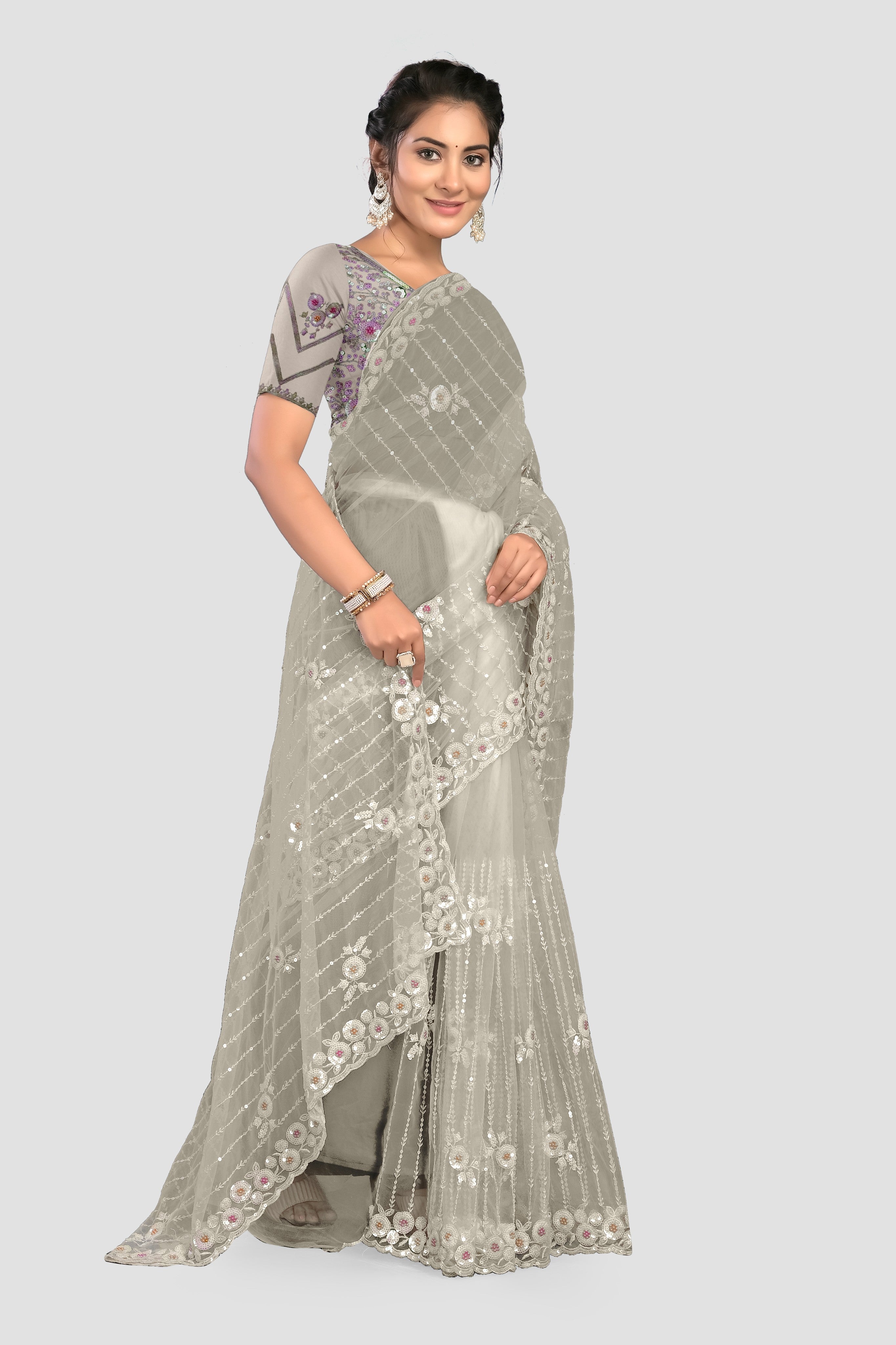 Cream StoneWork Net Saree 