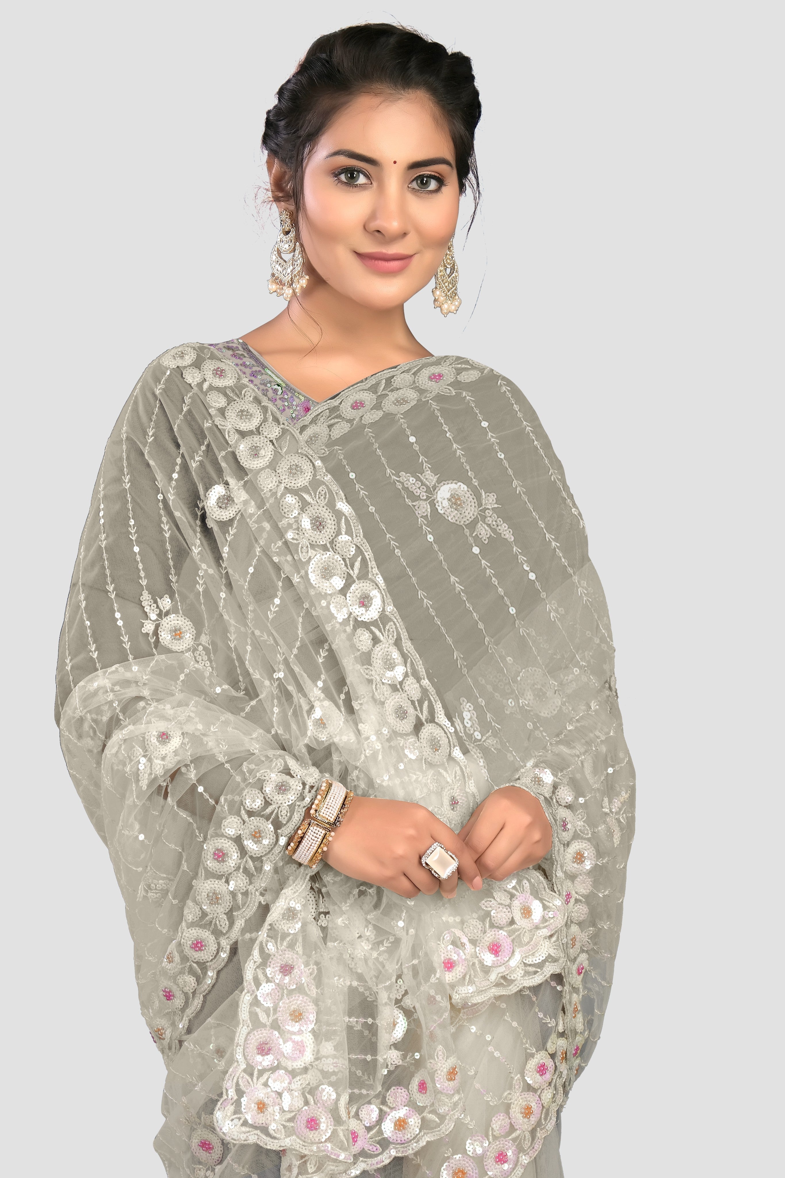 Cream StoneWork Net Saree 