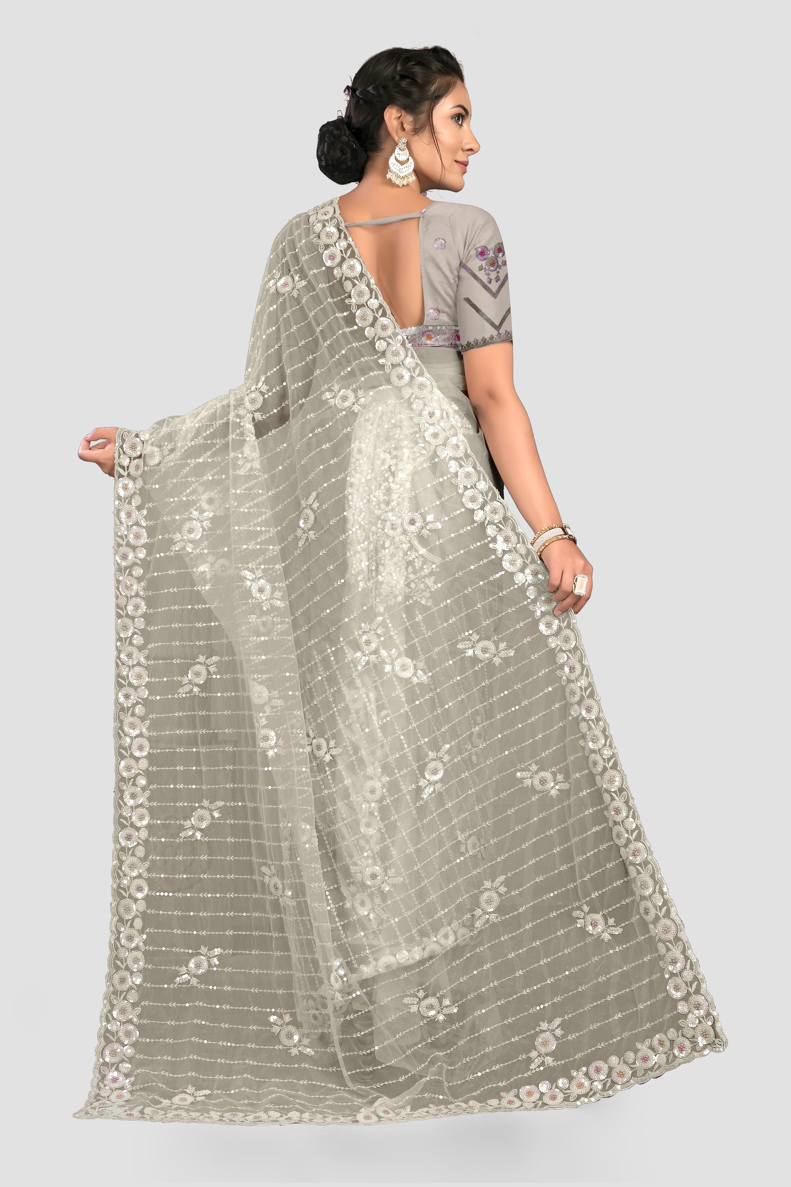 Cream StoneWork Net Saree 