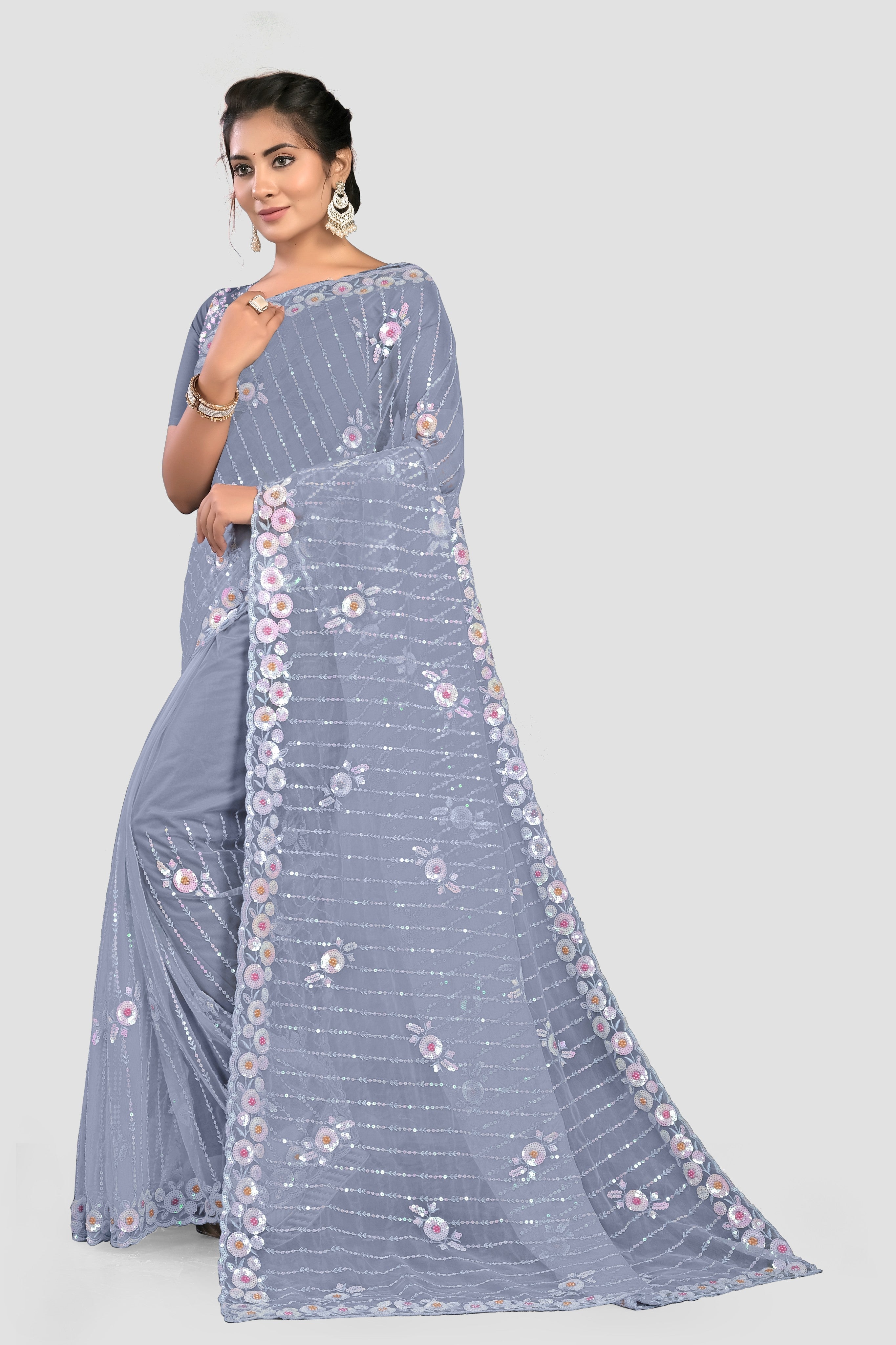 Light Blue Stonework Net Saree 