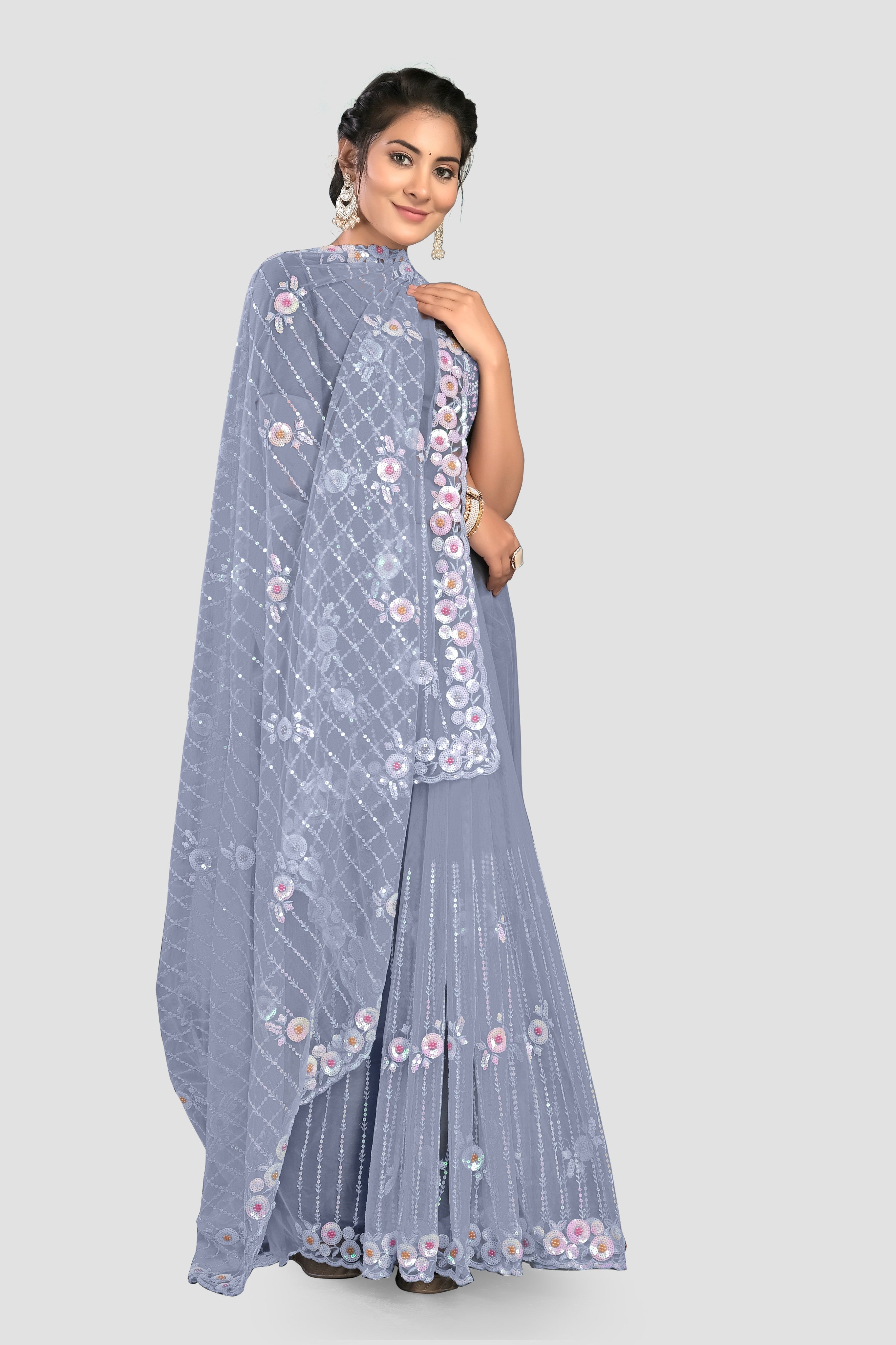 Light Blue Stonework Net Saree 