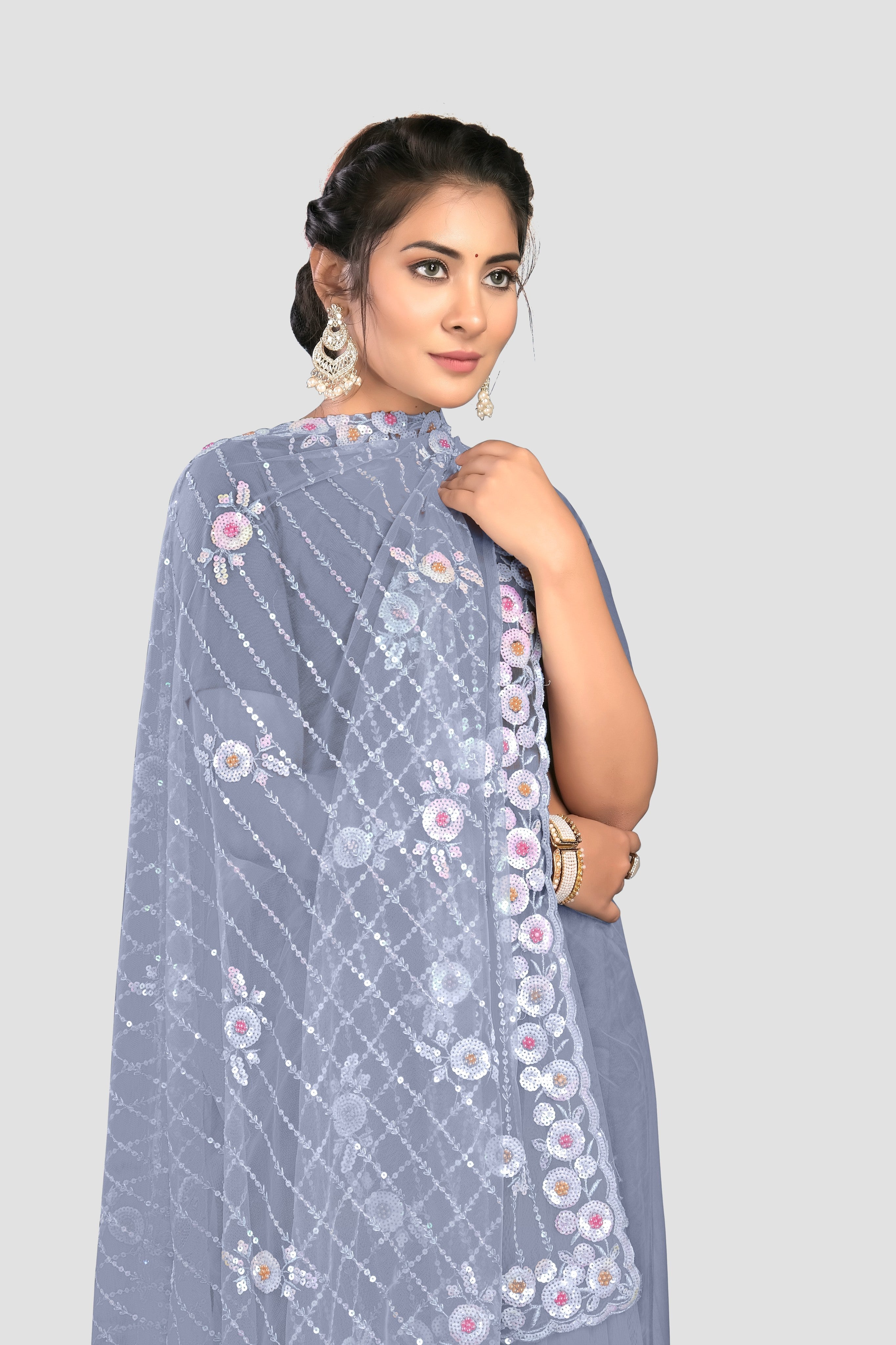 Light Blue Stonework Net Saree 