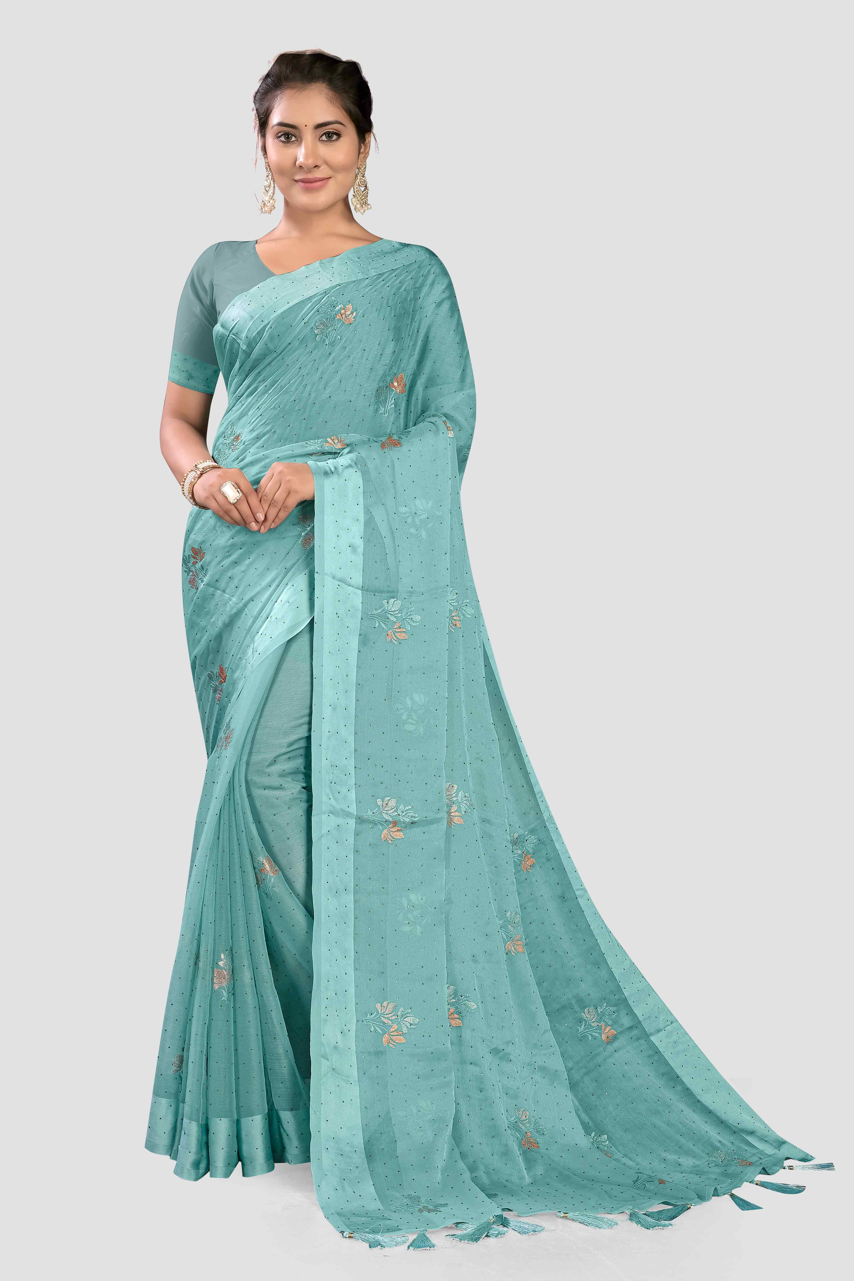 Sea Green Stonework Chiffon Saree - Kajree