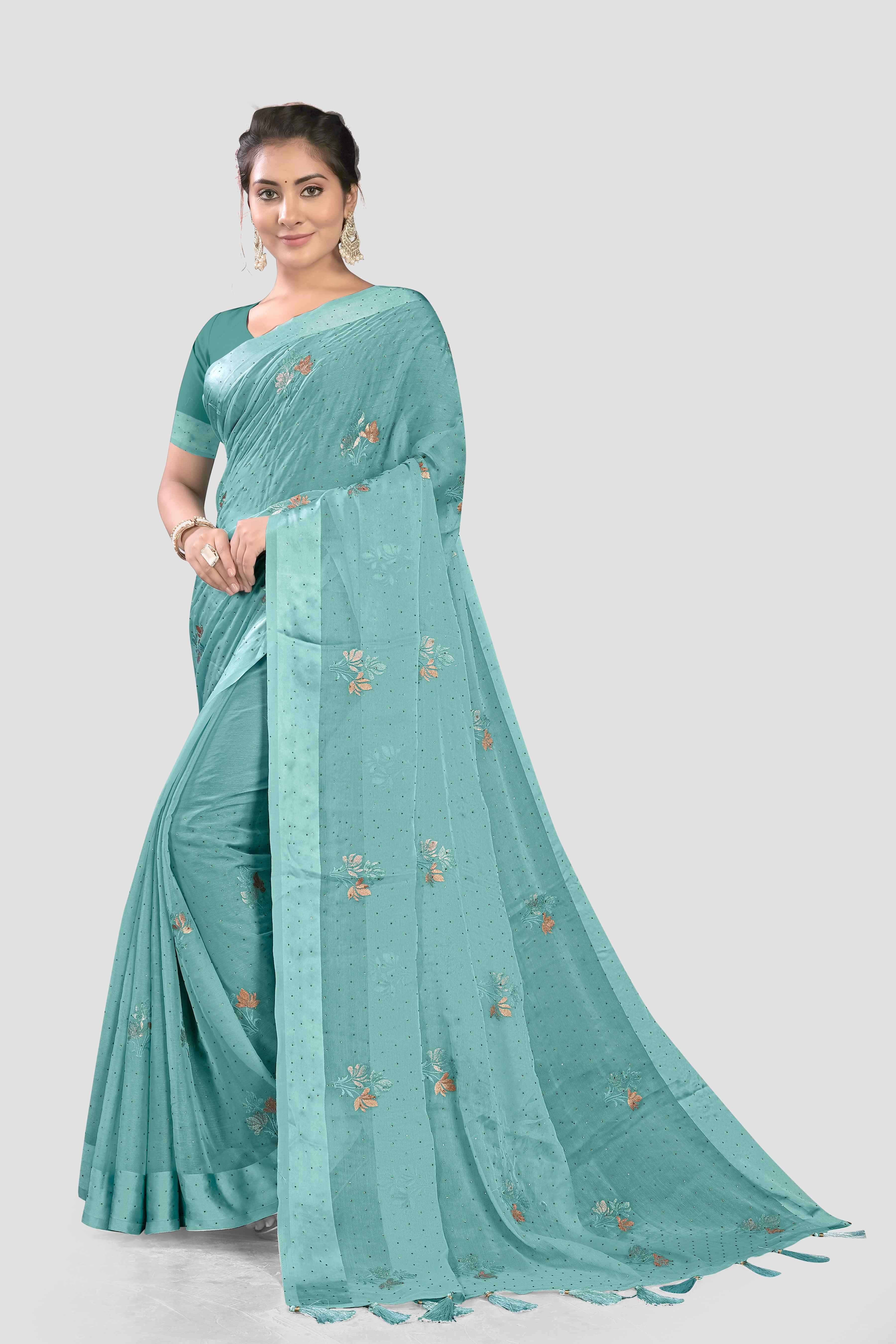 Sea Green Stonework Chiffon Saree - Kajree