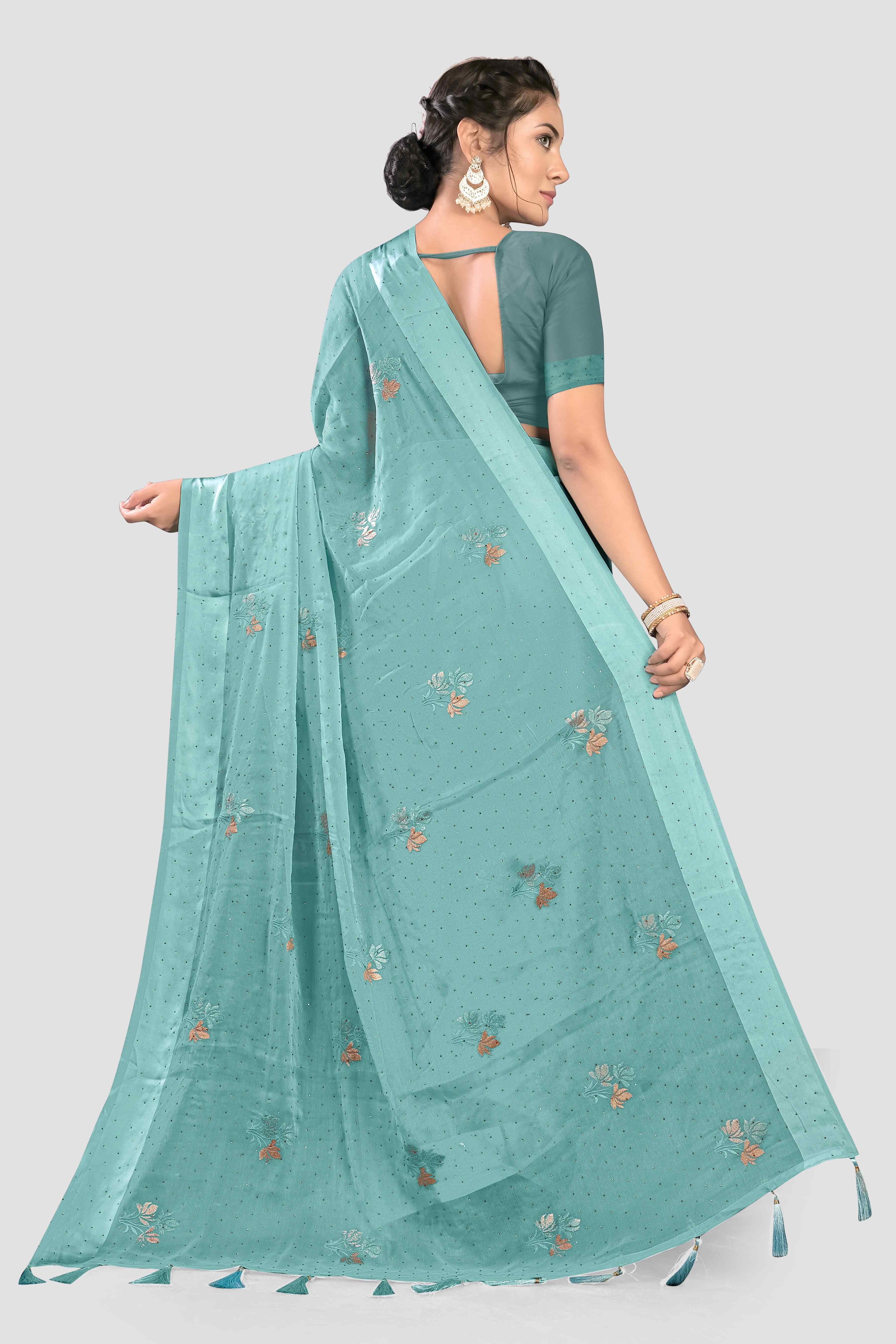 Sea Green Stonework Chiffon Saree - Kajree