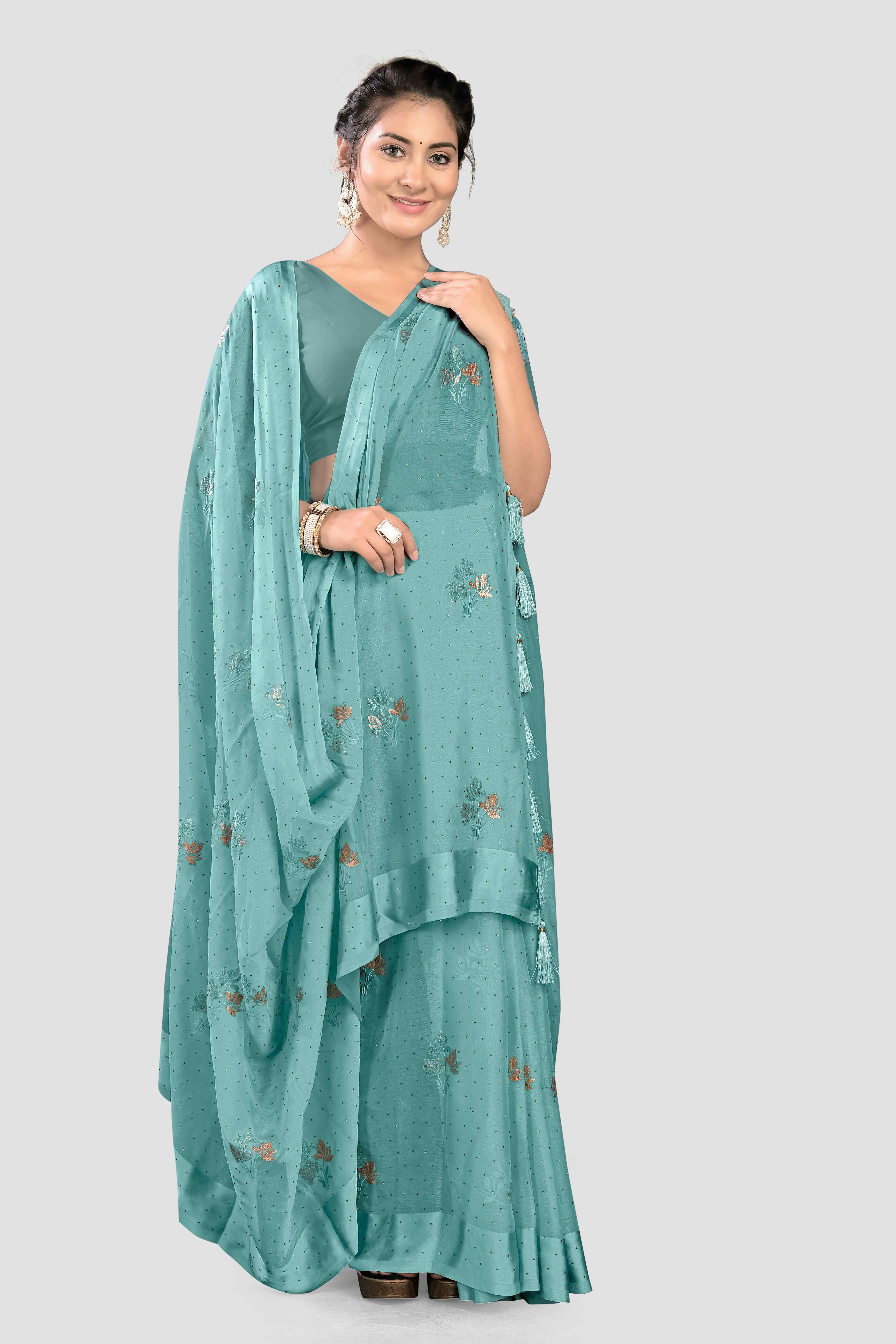 Sea Green Stonework Chiffon Saree - Kajree