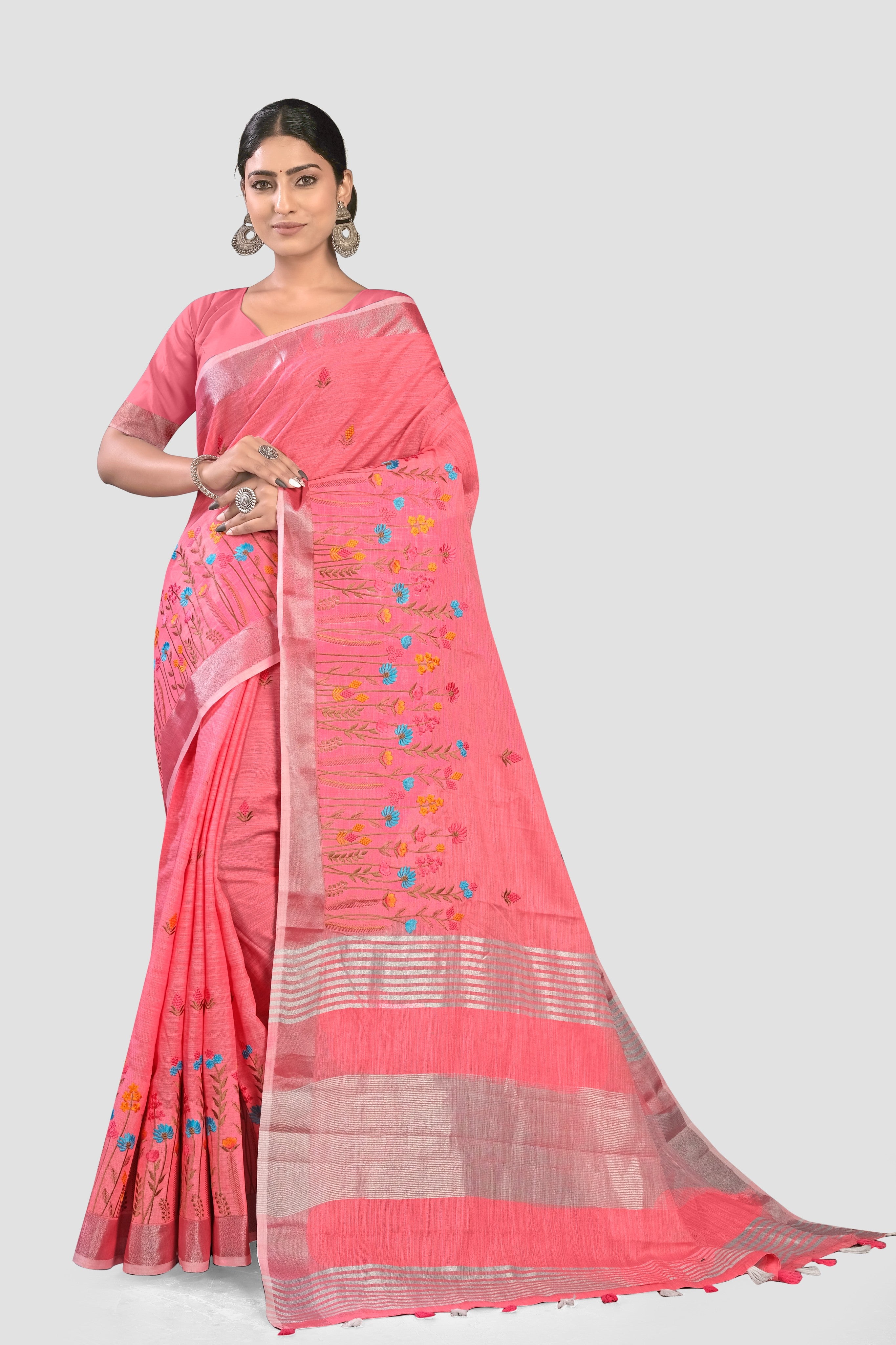 Peach Threadwork Linen Saree - KAJREE