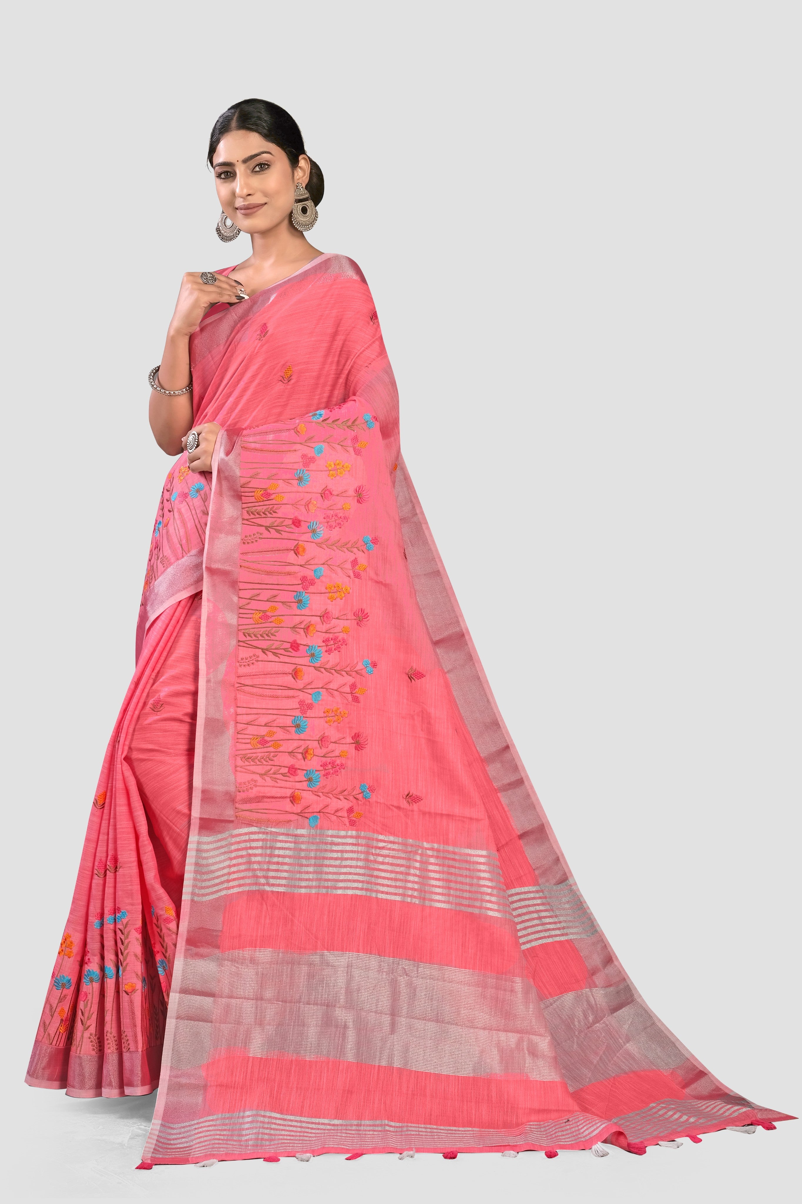 Peach Threadwork Linen Saree - KAJREE