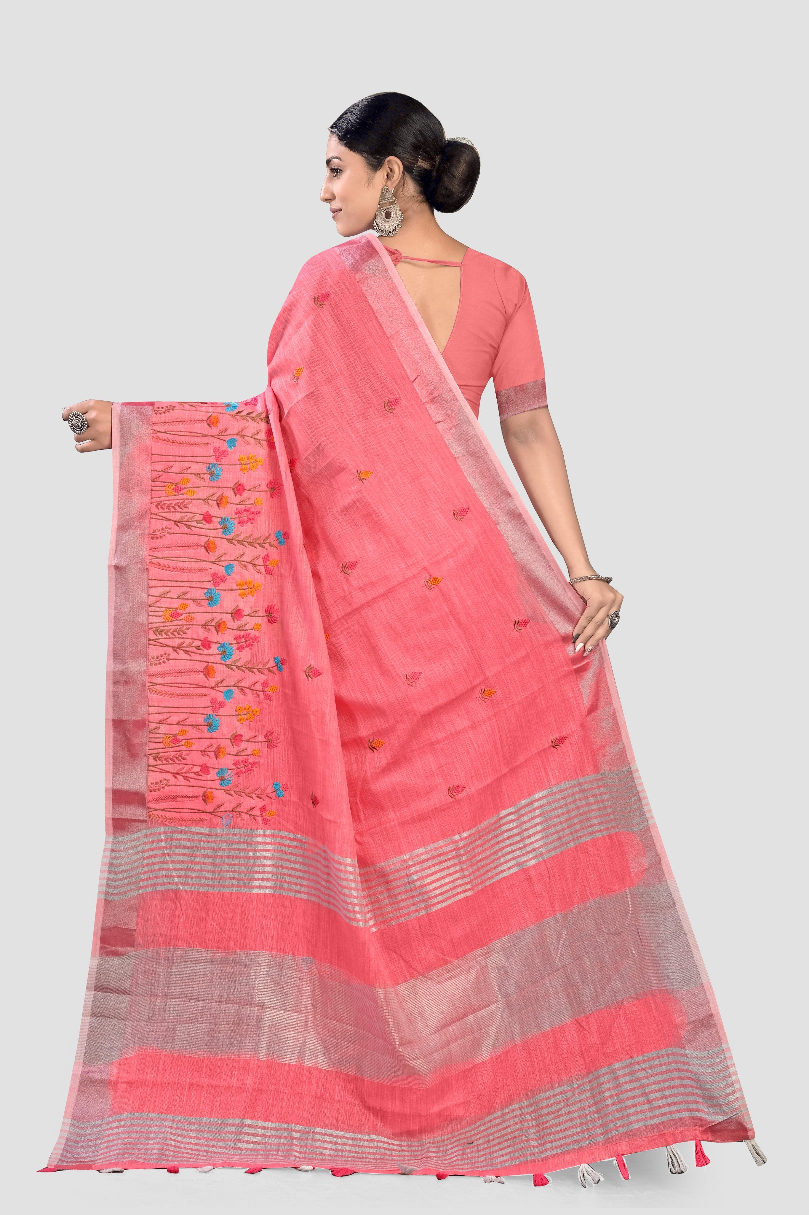 Peach Threadwork Linen Saree - KAJREE