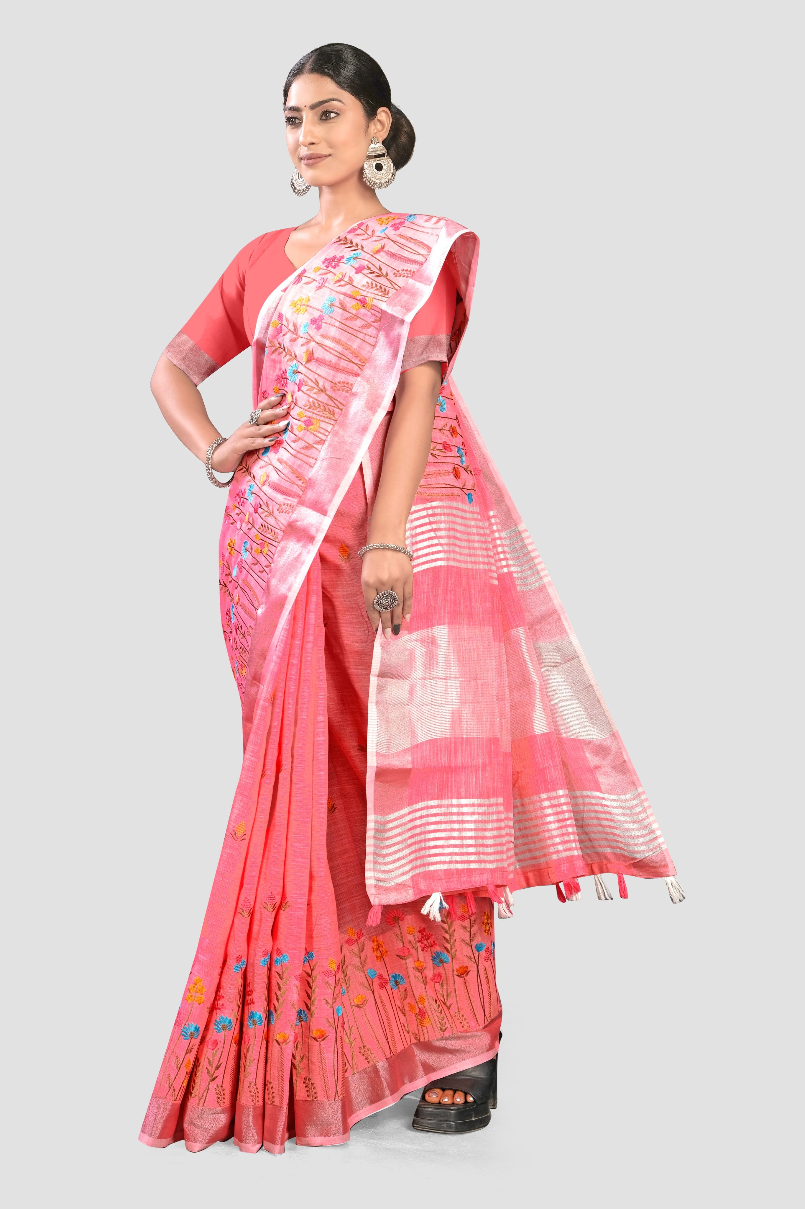 Peach Threadwork Linen Saree - KAJREE