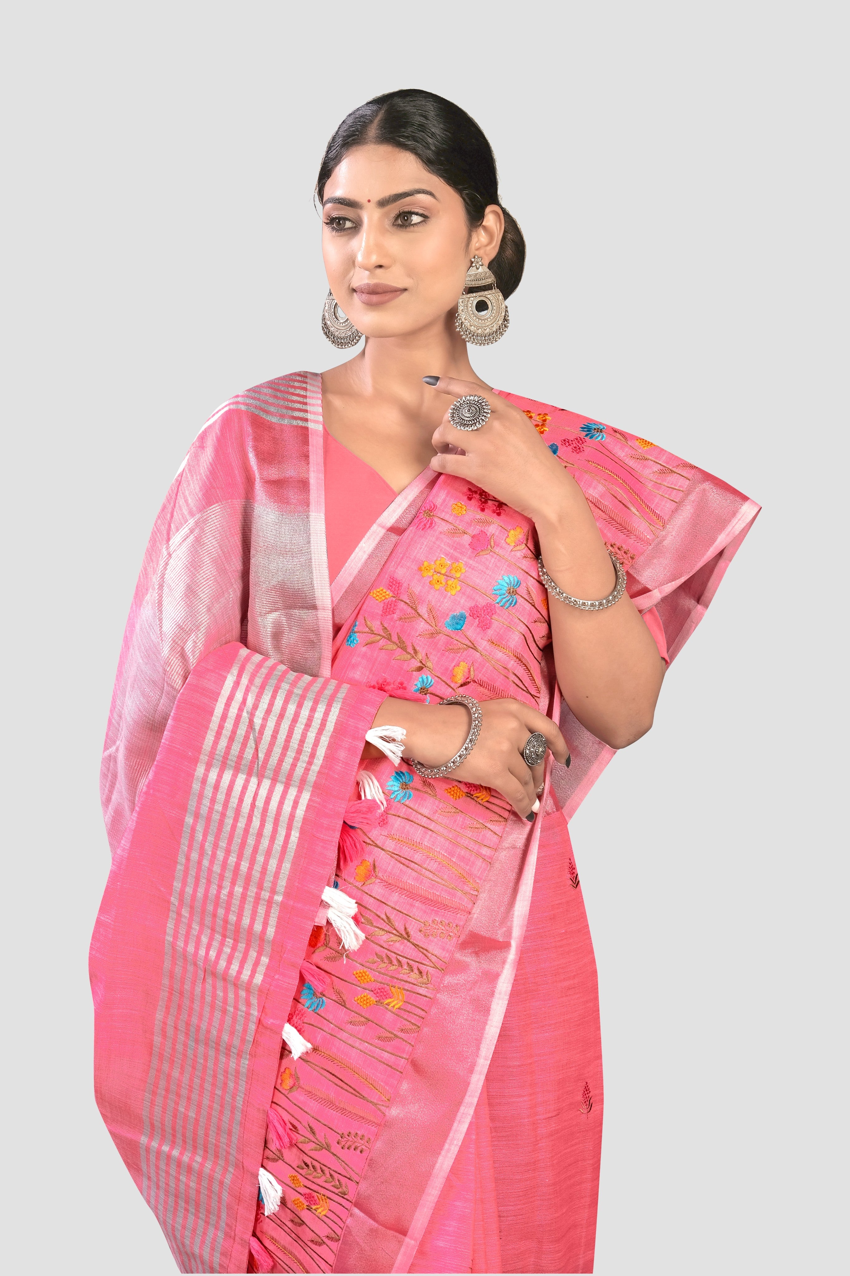 Peach Threadwork Linen Saree - KAJREE