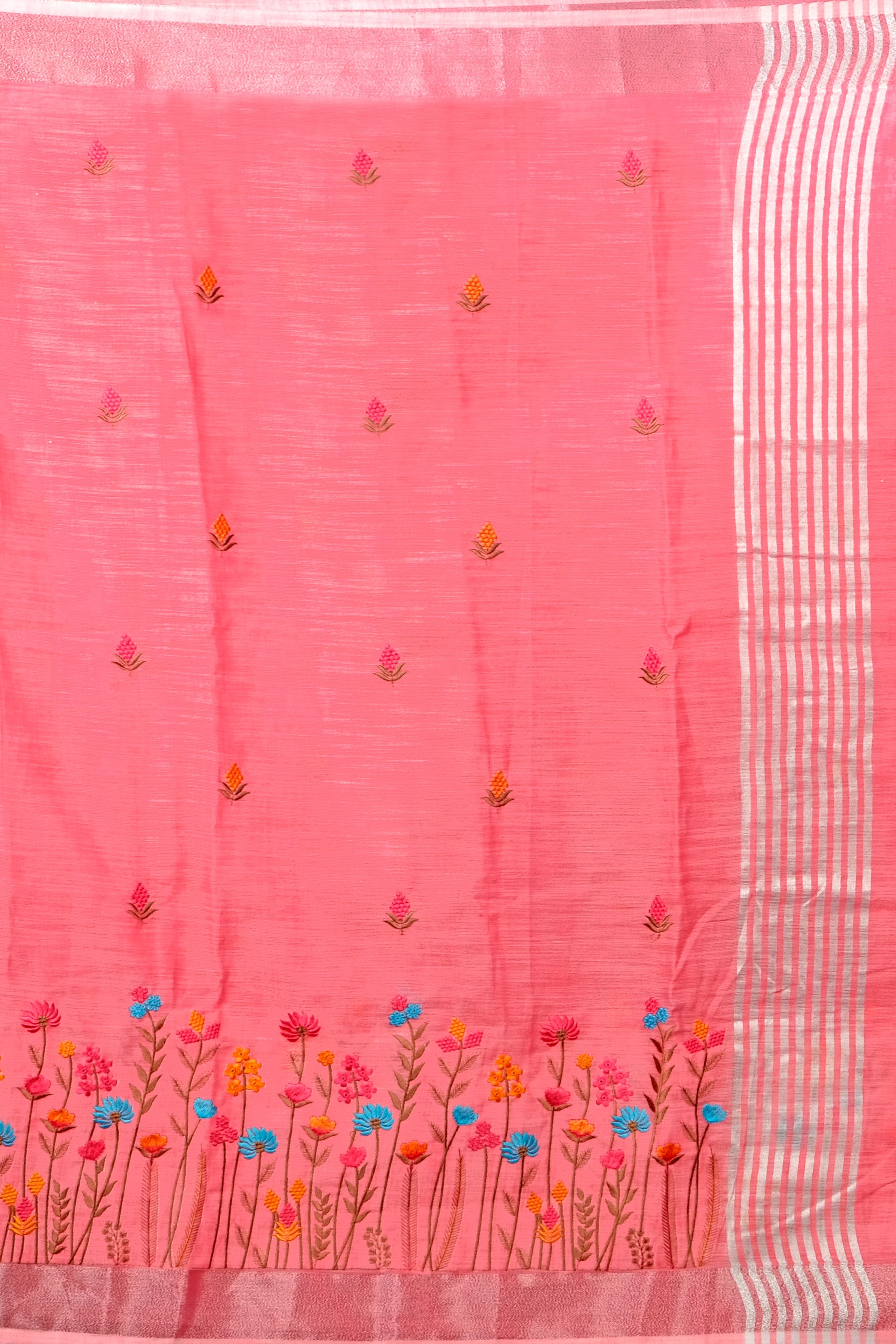 Peach Threadwork Linen Saree - KAJREE