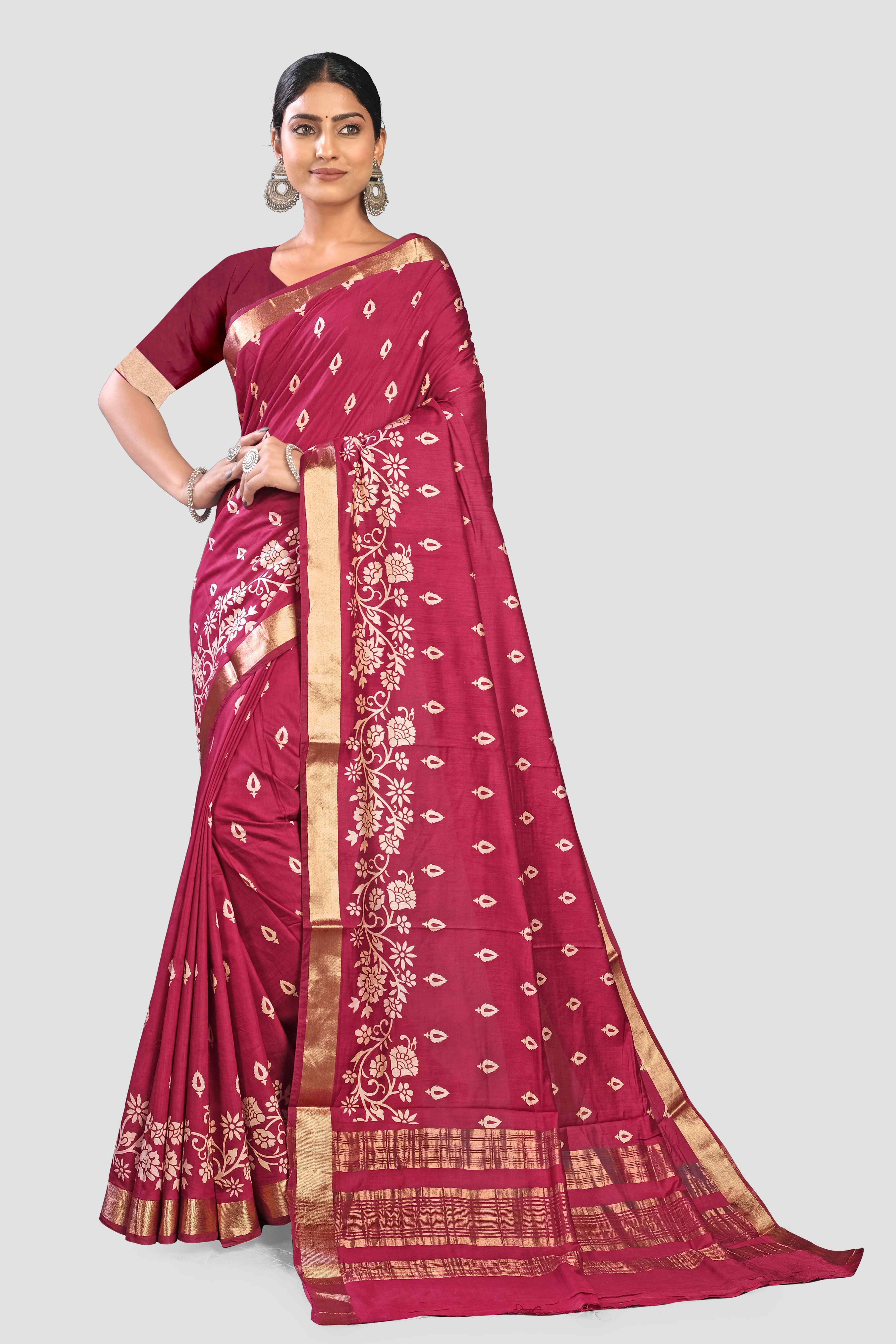 Red Threadwork Cotton Saree 