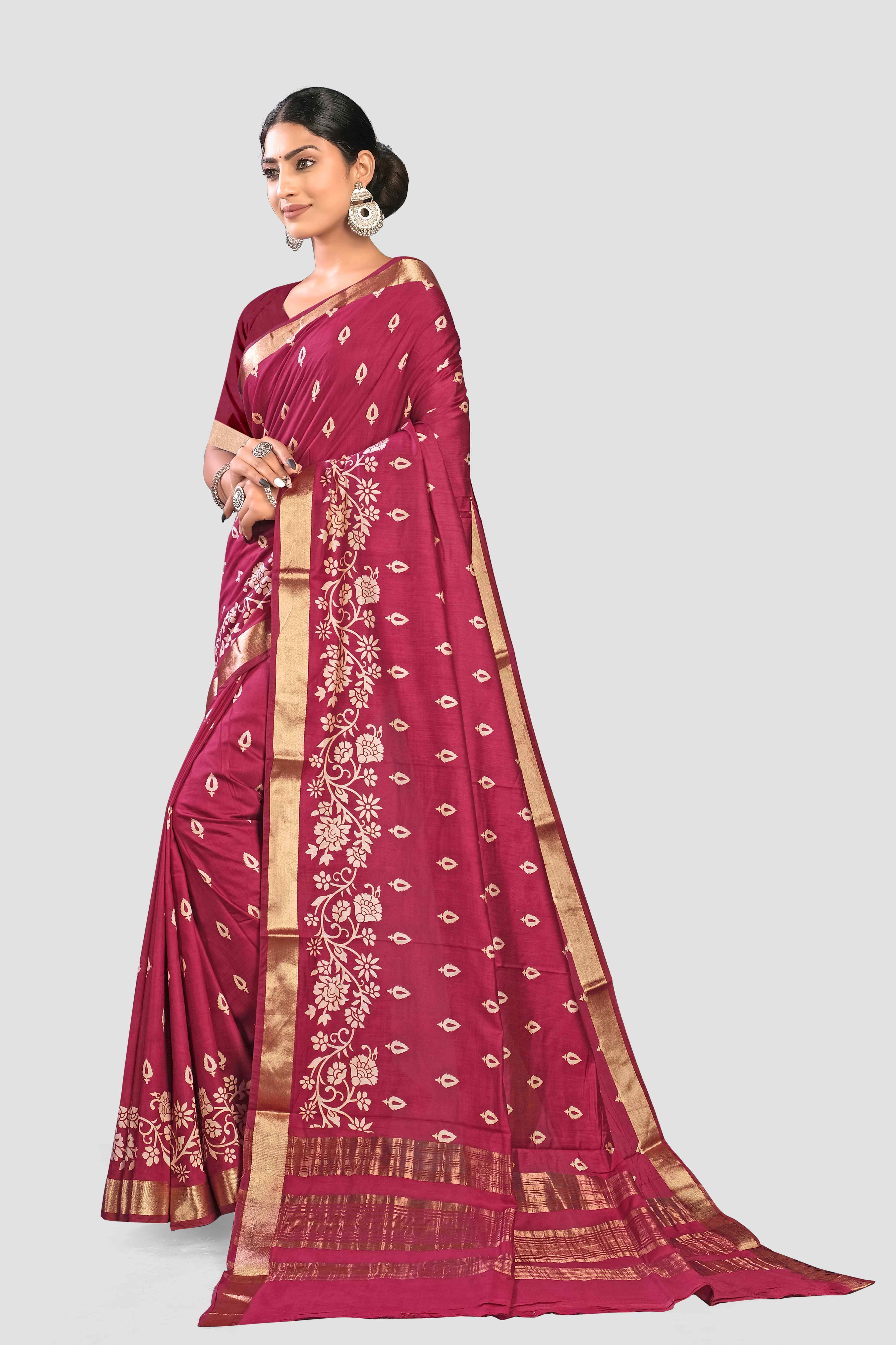 Red Threadwork Cotton Saree 