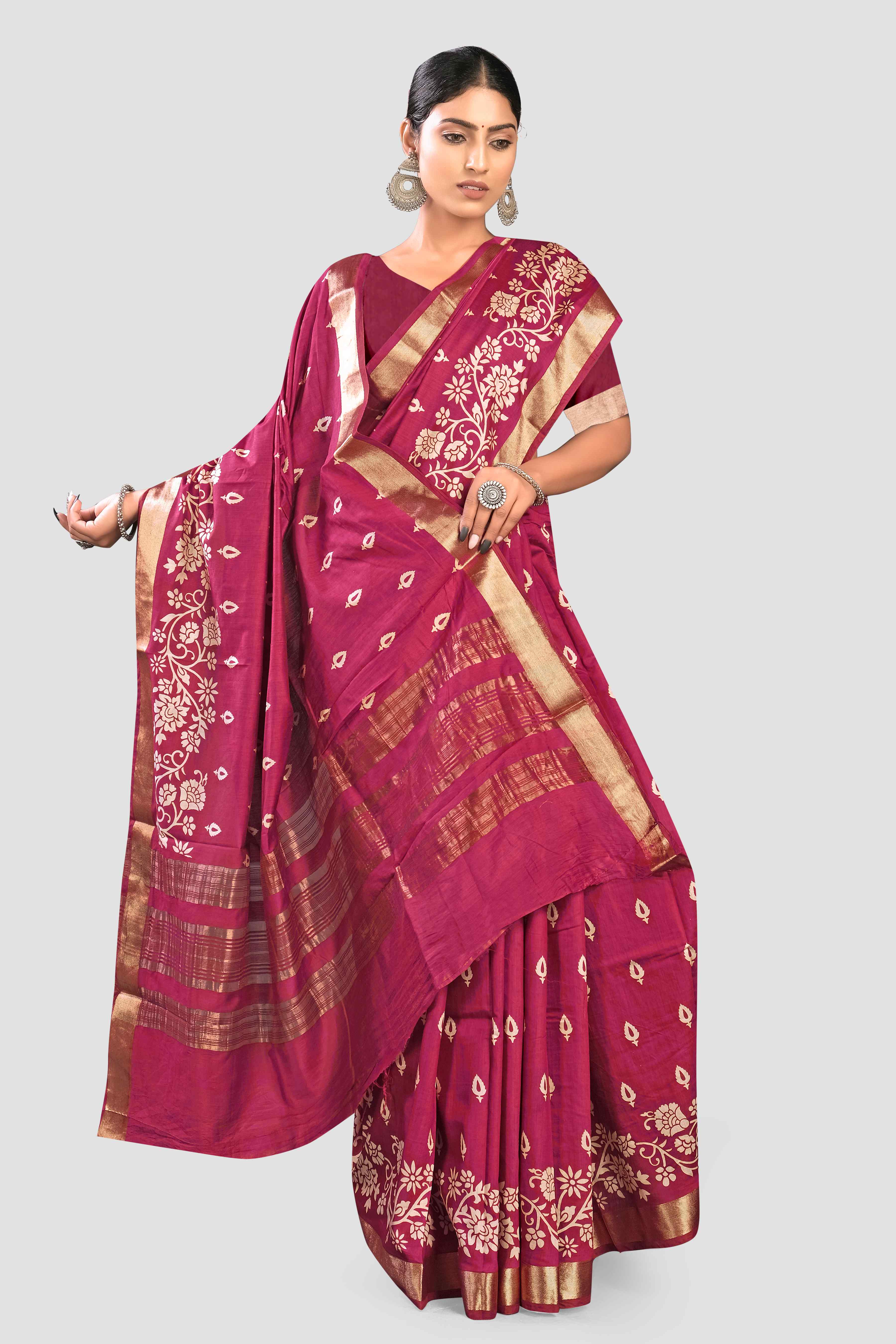 Red Threadwork Cotton Saree 
