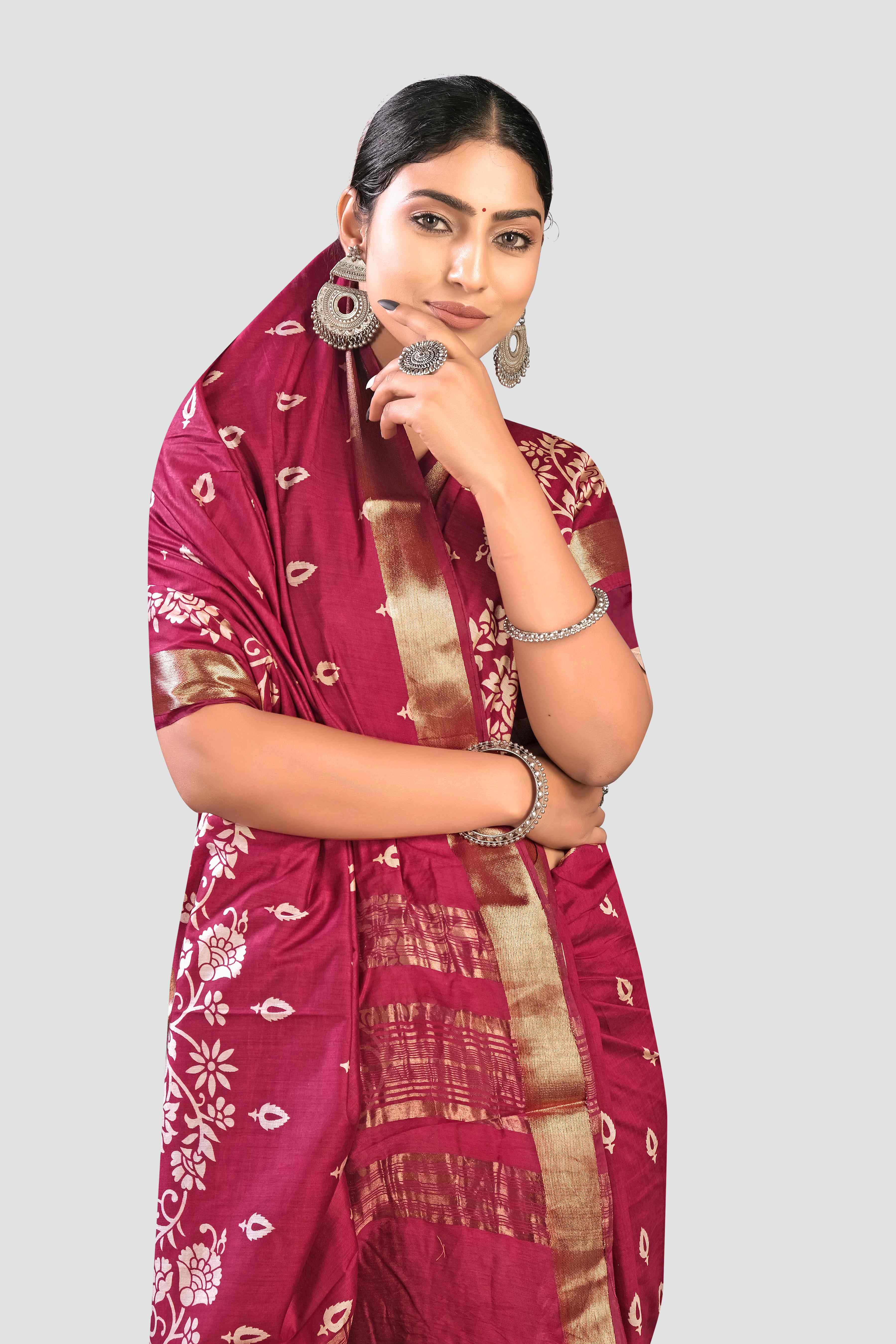 Red Threadwork Cotton Saree 