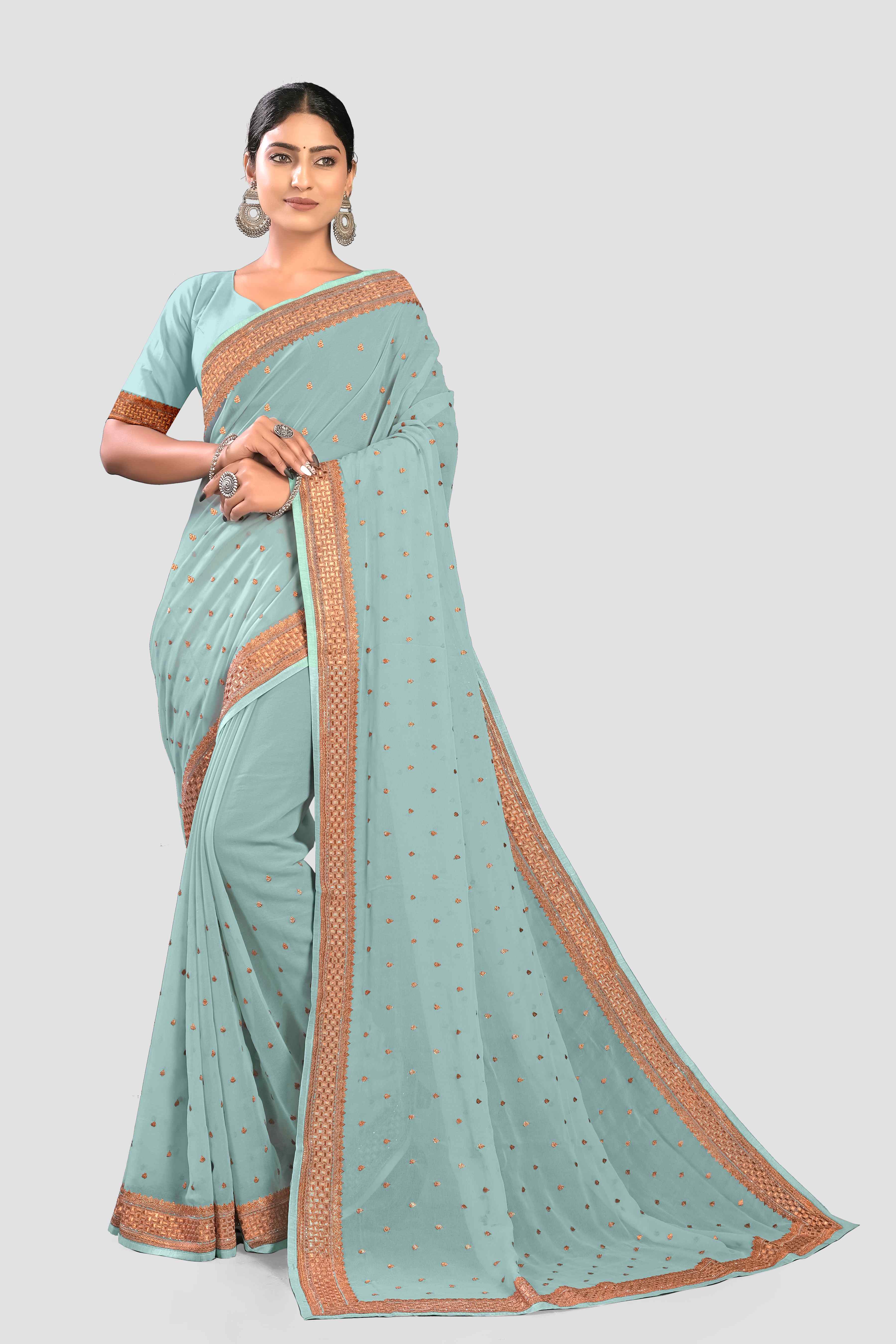 Teal Stonework Georgette Saree - Kajree