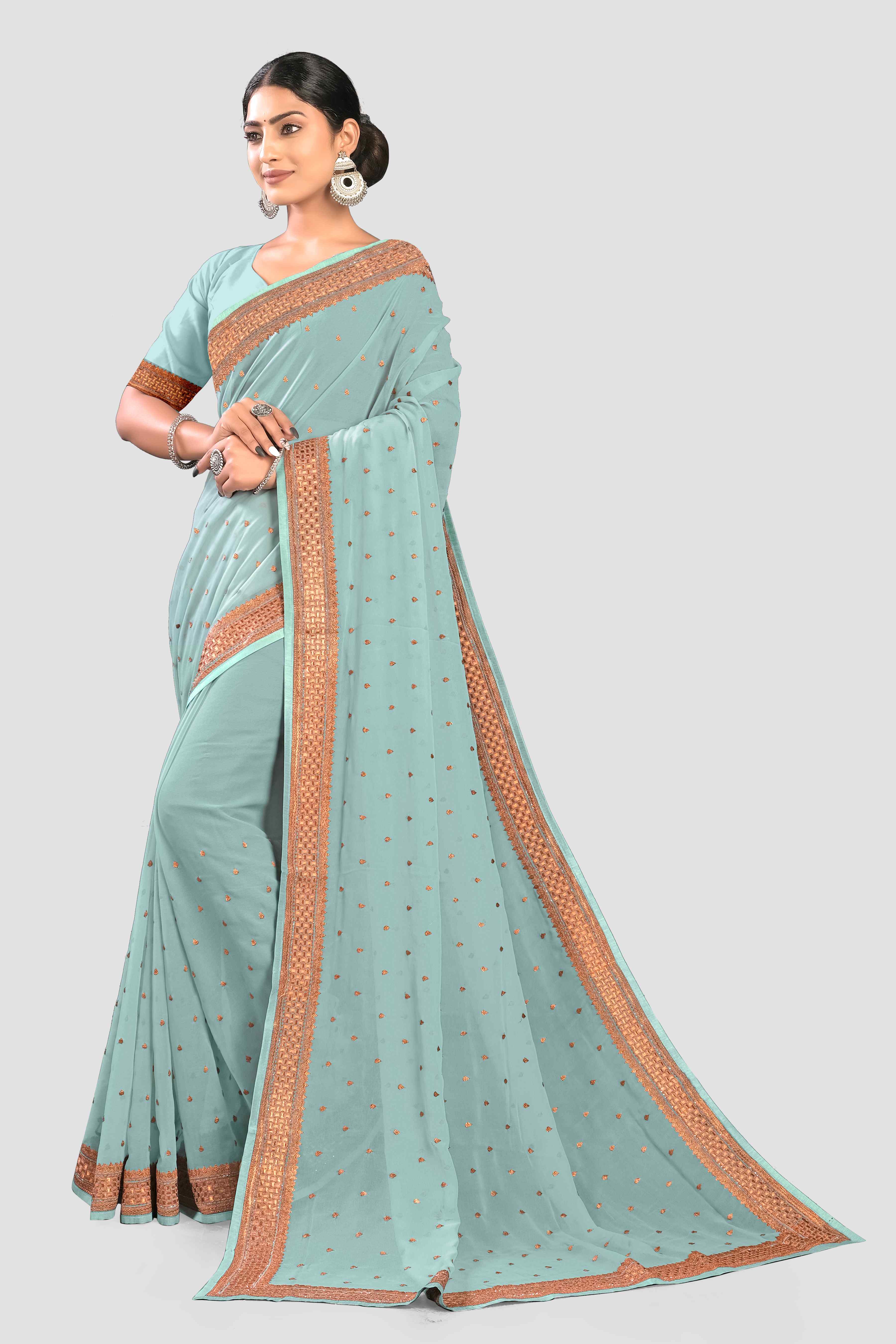Teal Stonework Georgette Saree - Kajree