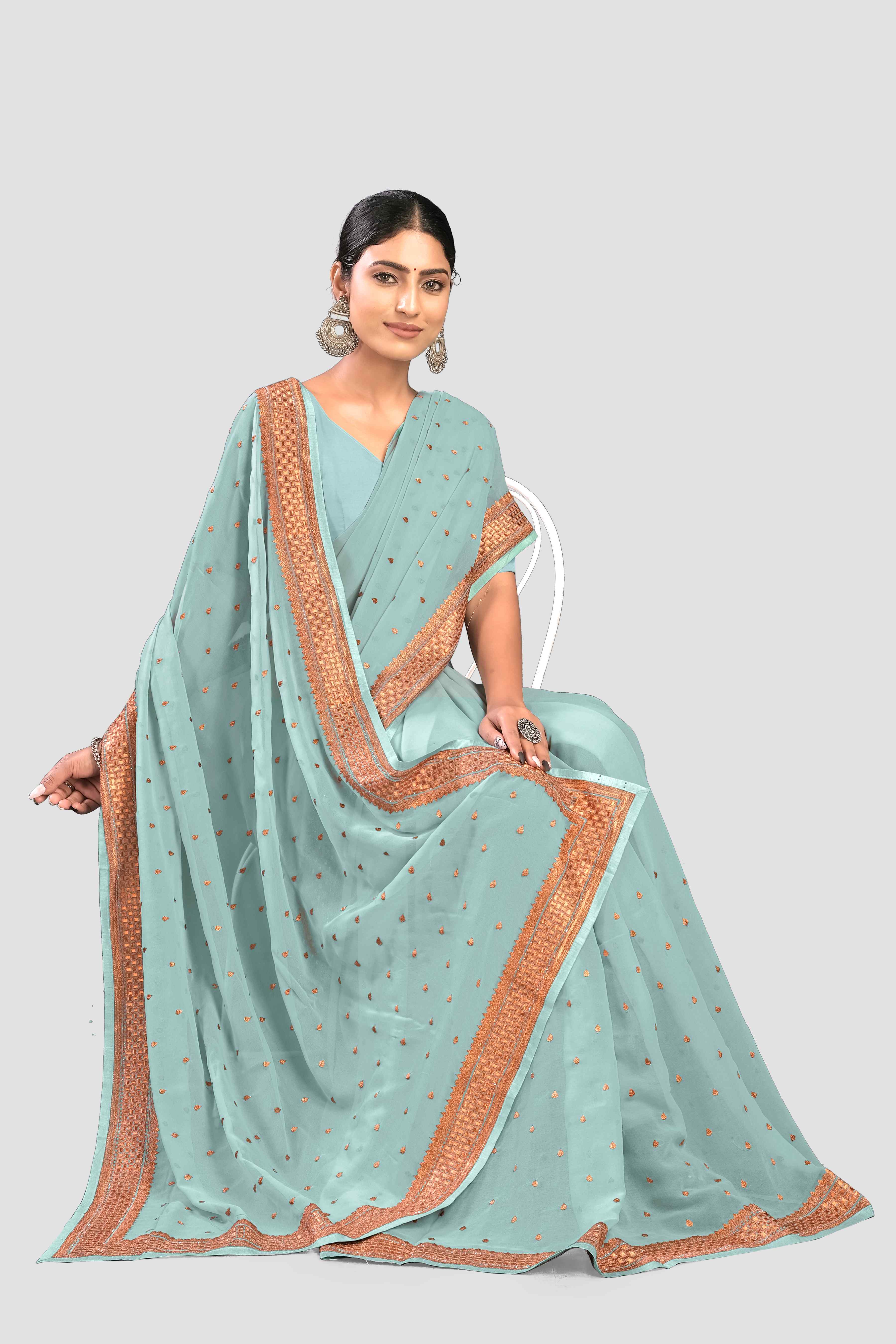 Teal Stonework Georgette Saree - Kajree