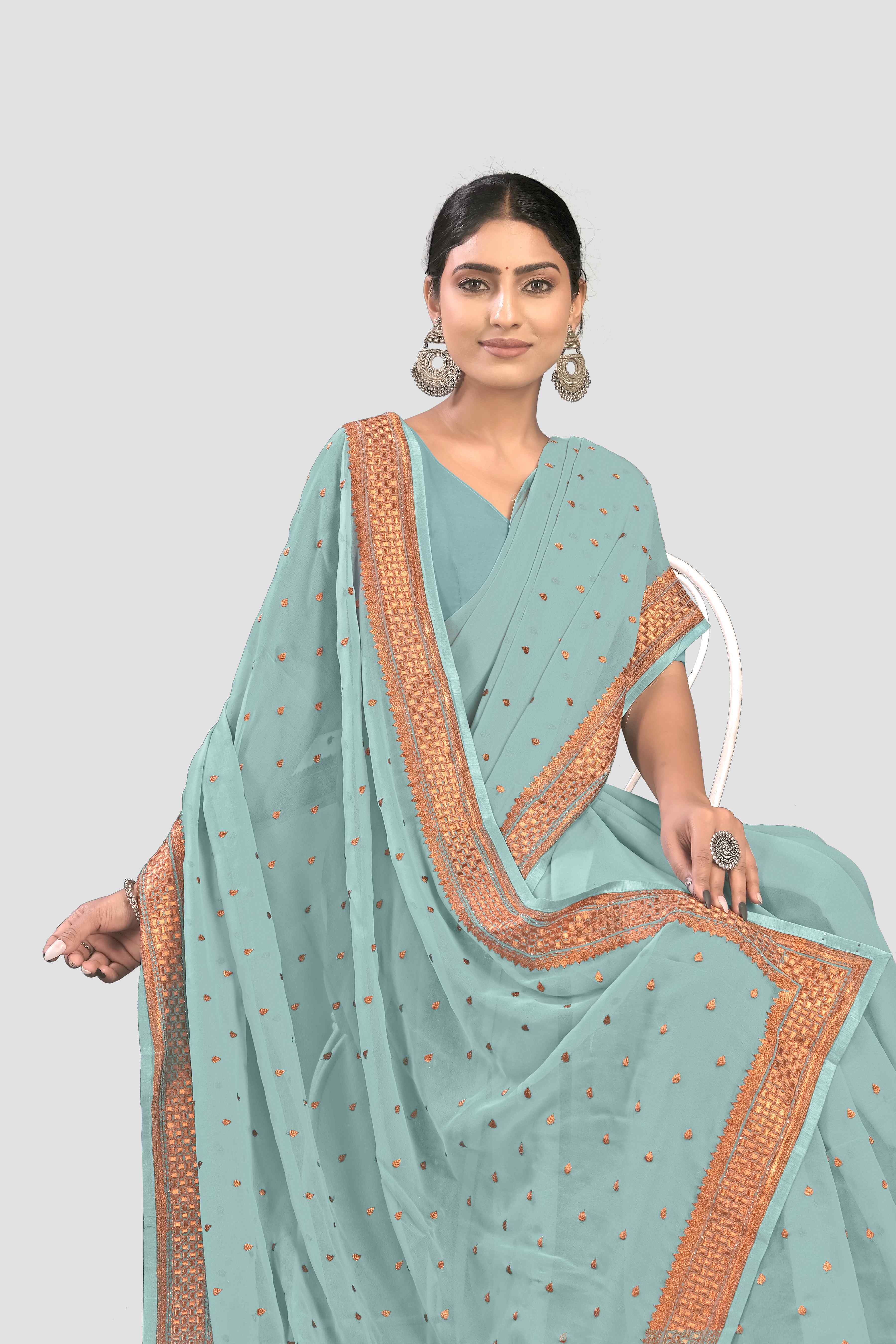 Teal Stonework Georgette Saree - Kajree