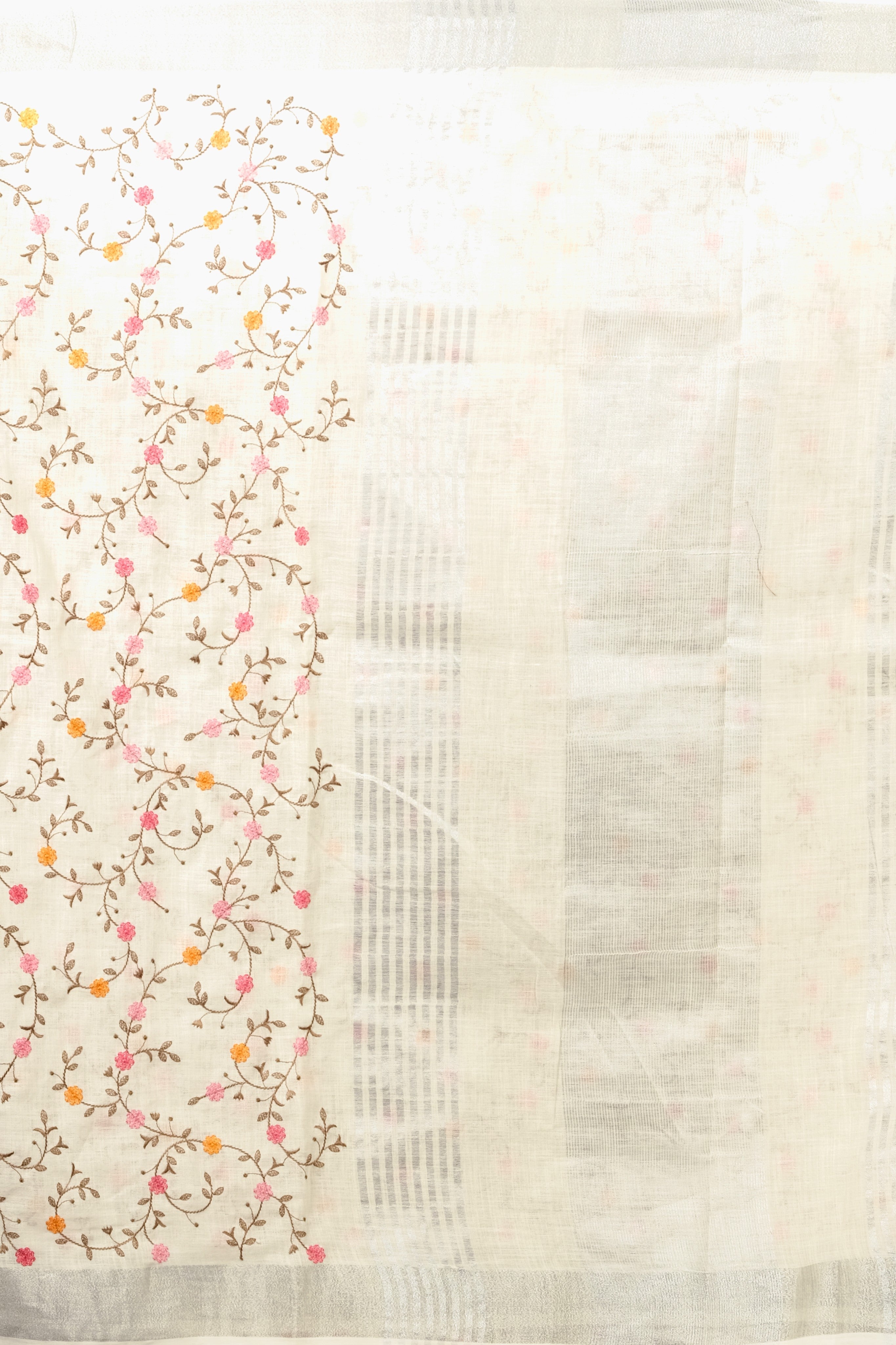 White Threadwork Linen Saree - KAJREE