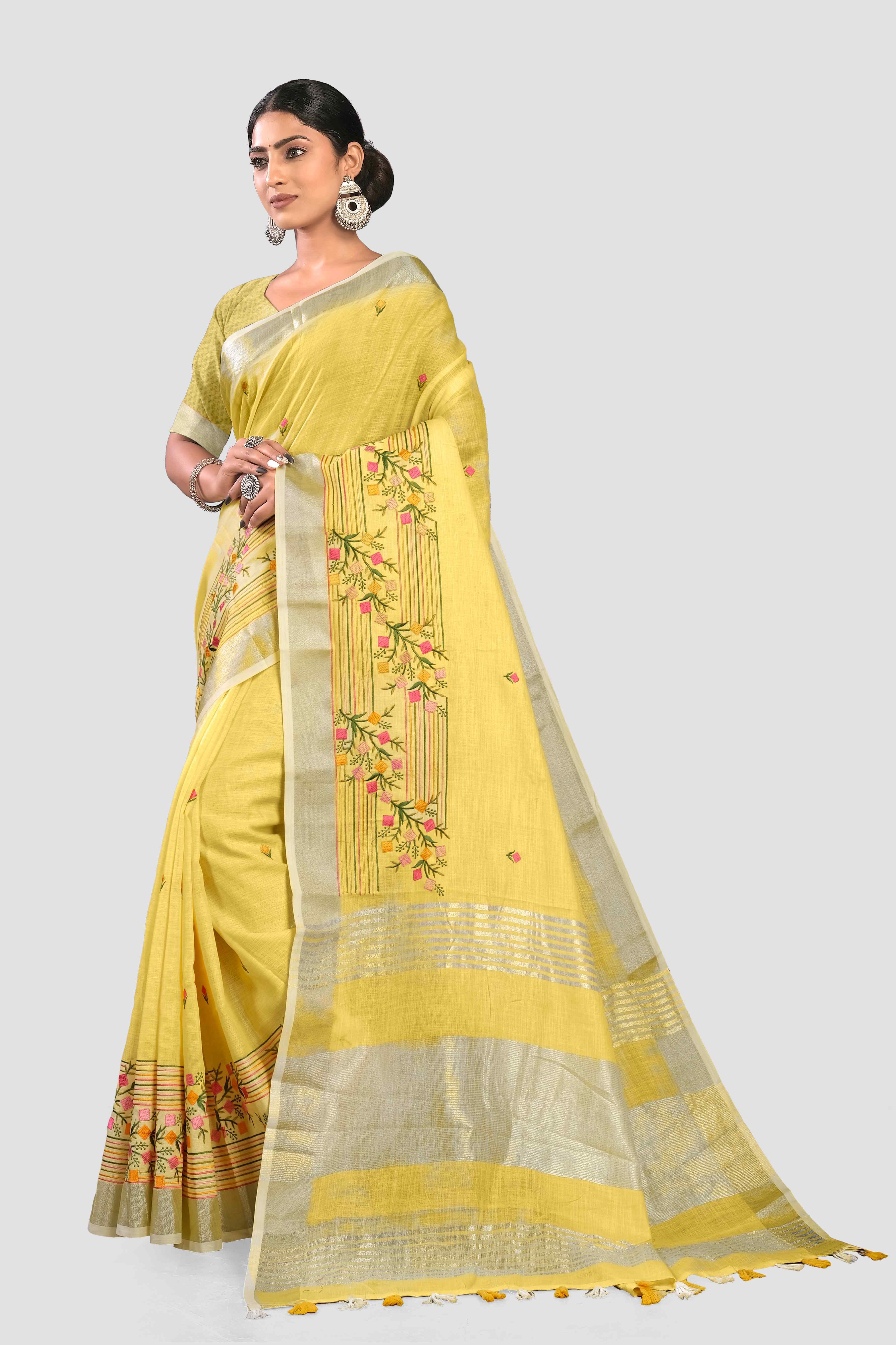 Cream Yellow Threadwork Linen Saree 