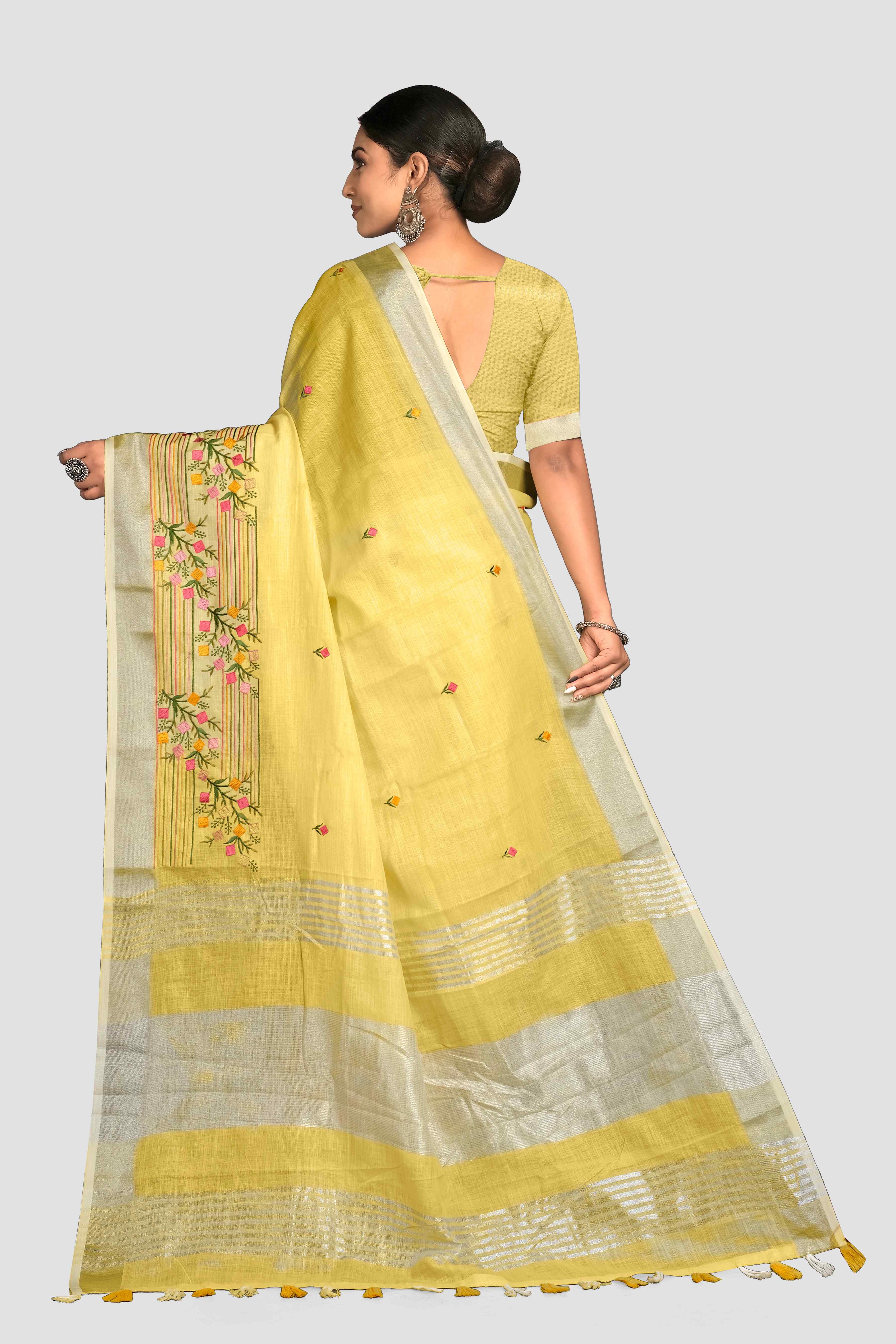 Cream Yellow Threadwork Linen Saree 