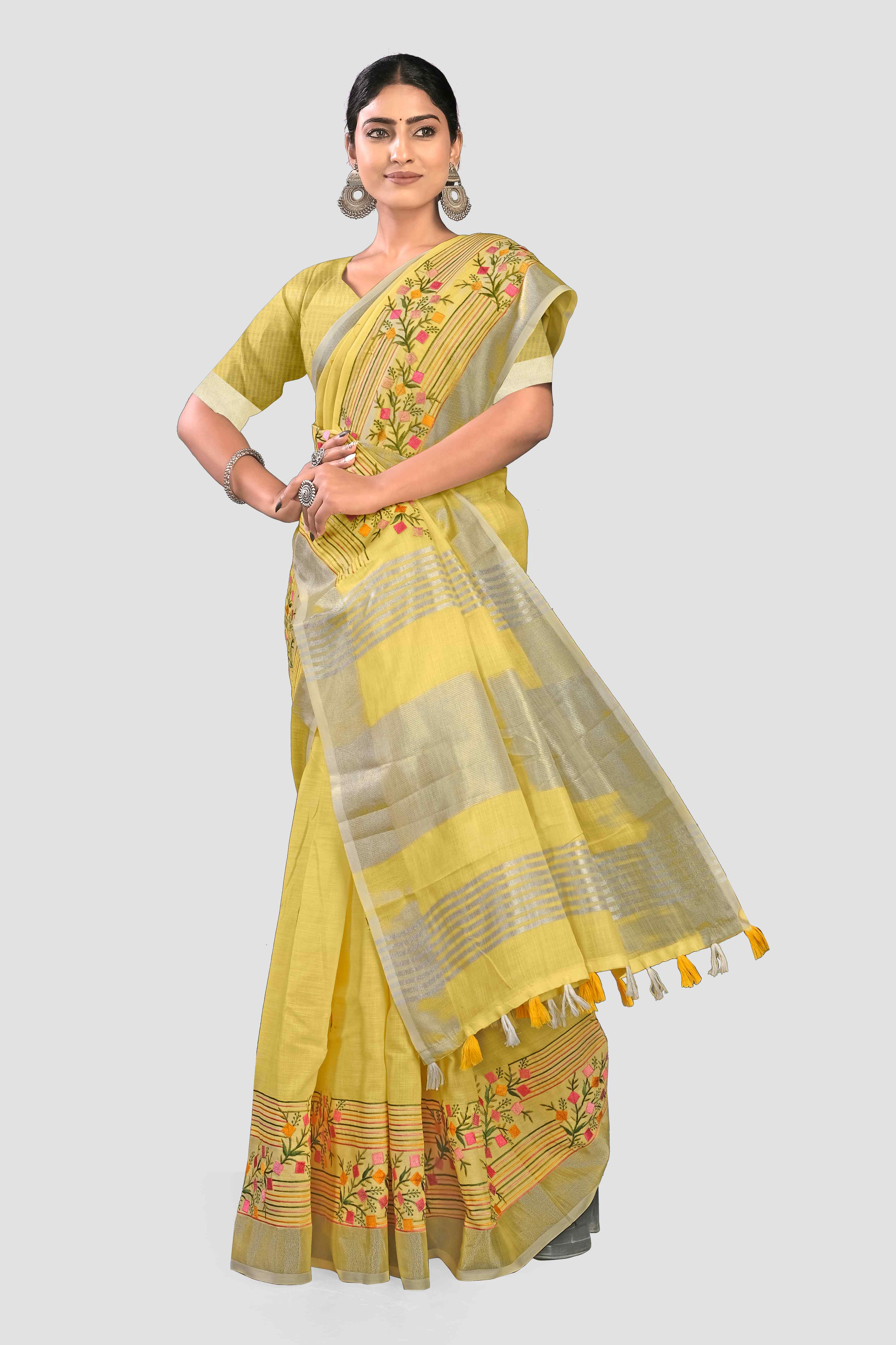 Cream Yellow Threadwork Linen Saree 