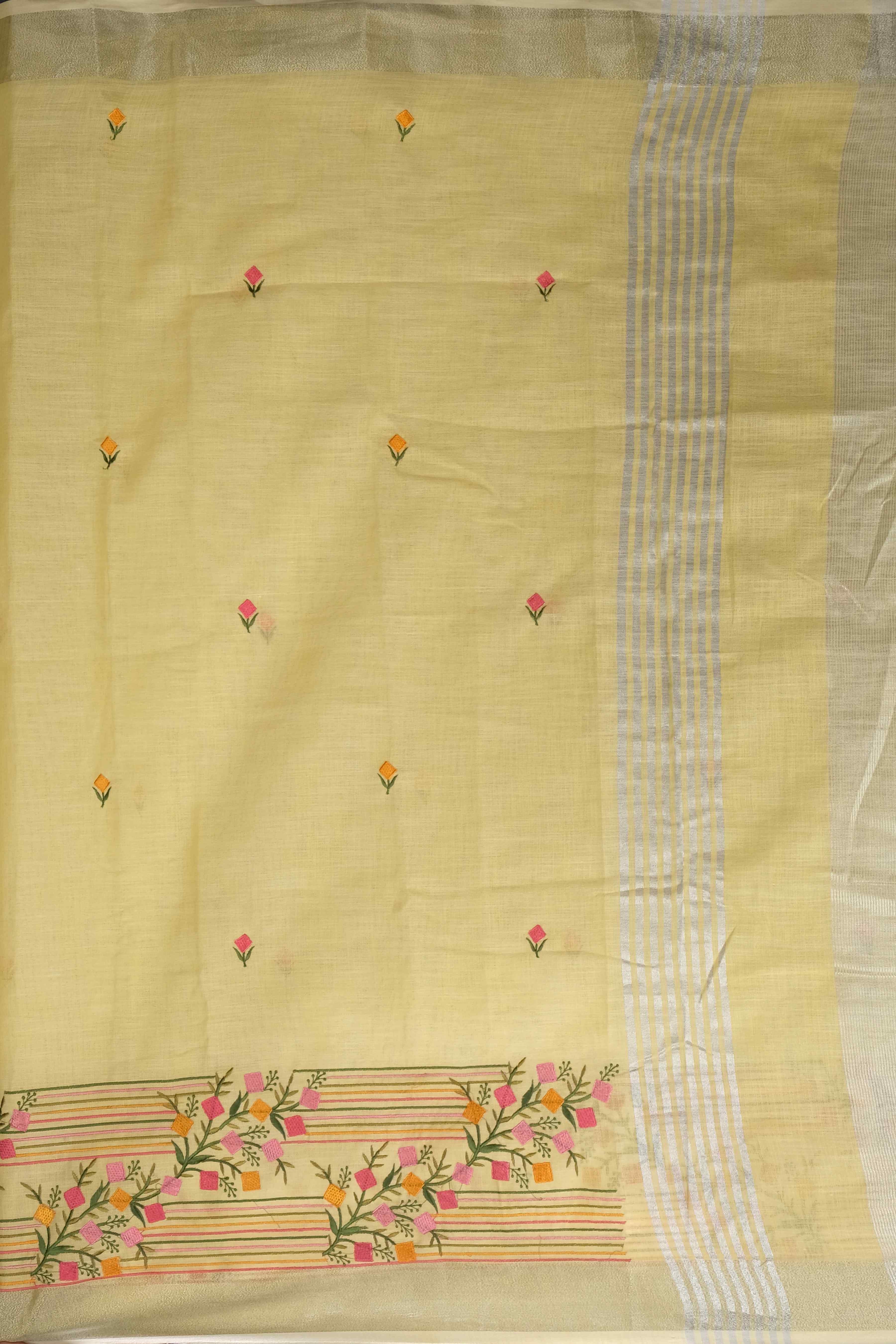 Cream Yellow Threadwork Linen Saree 