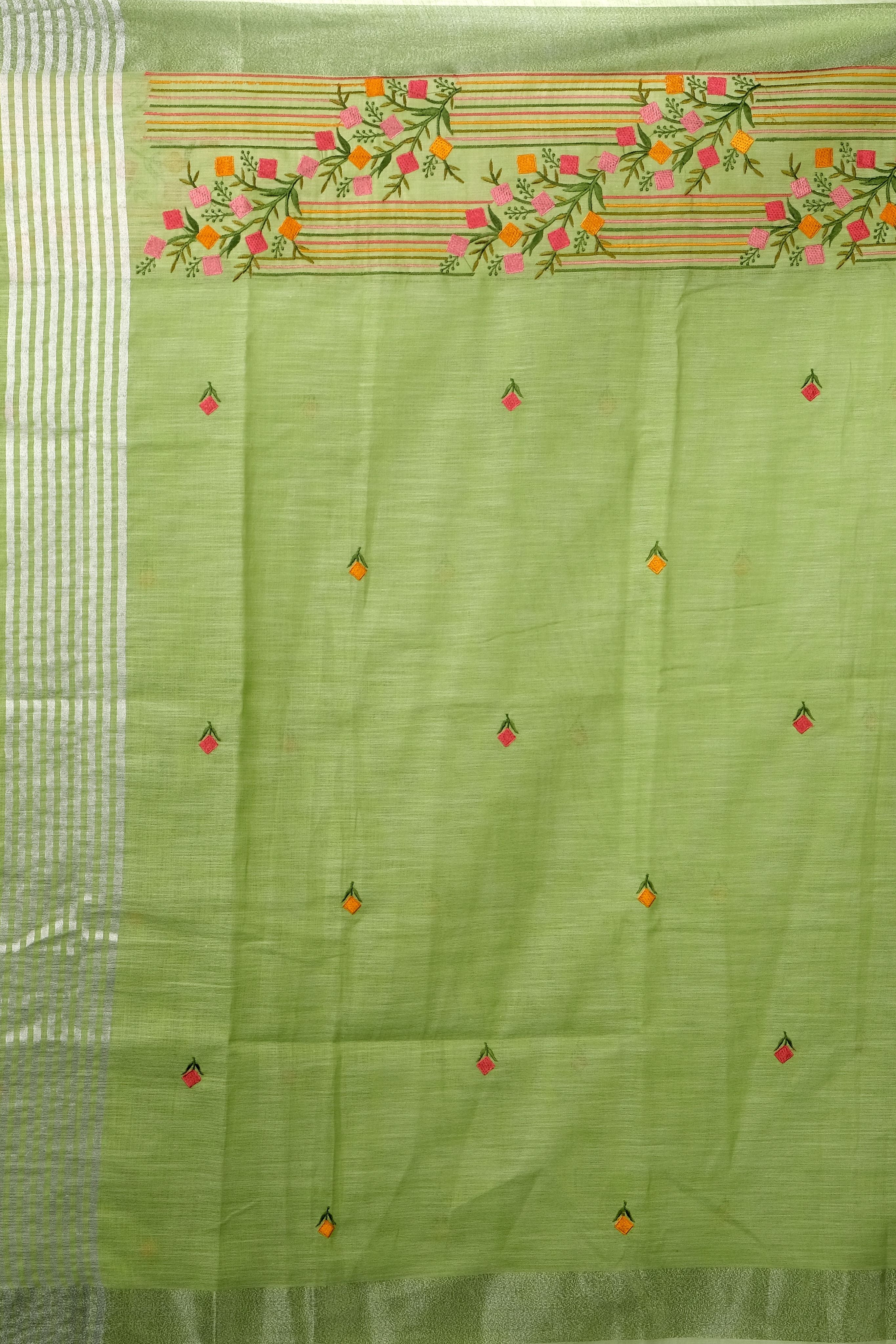 Sea Green Threadwork Linen Saree 