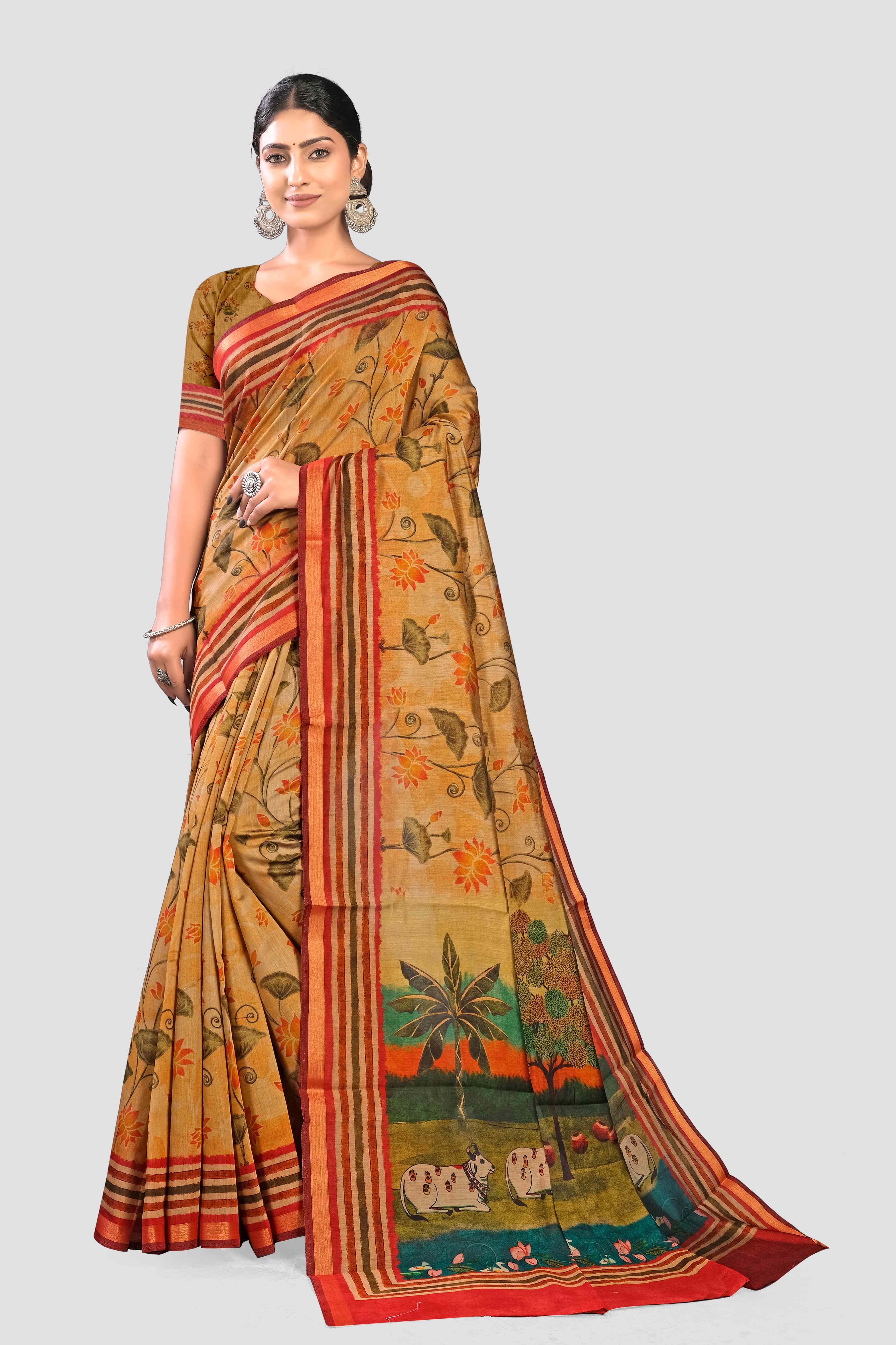 Cream Kalamkari print Cotton Saree 