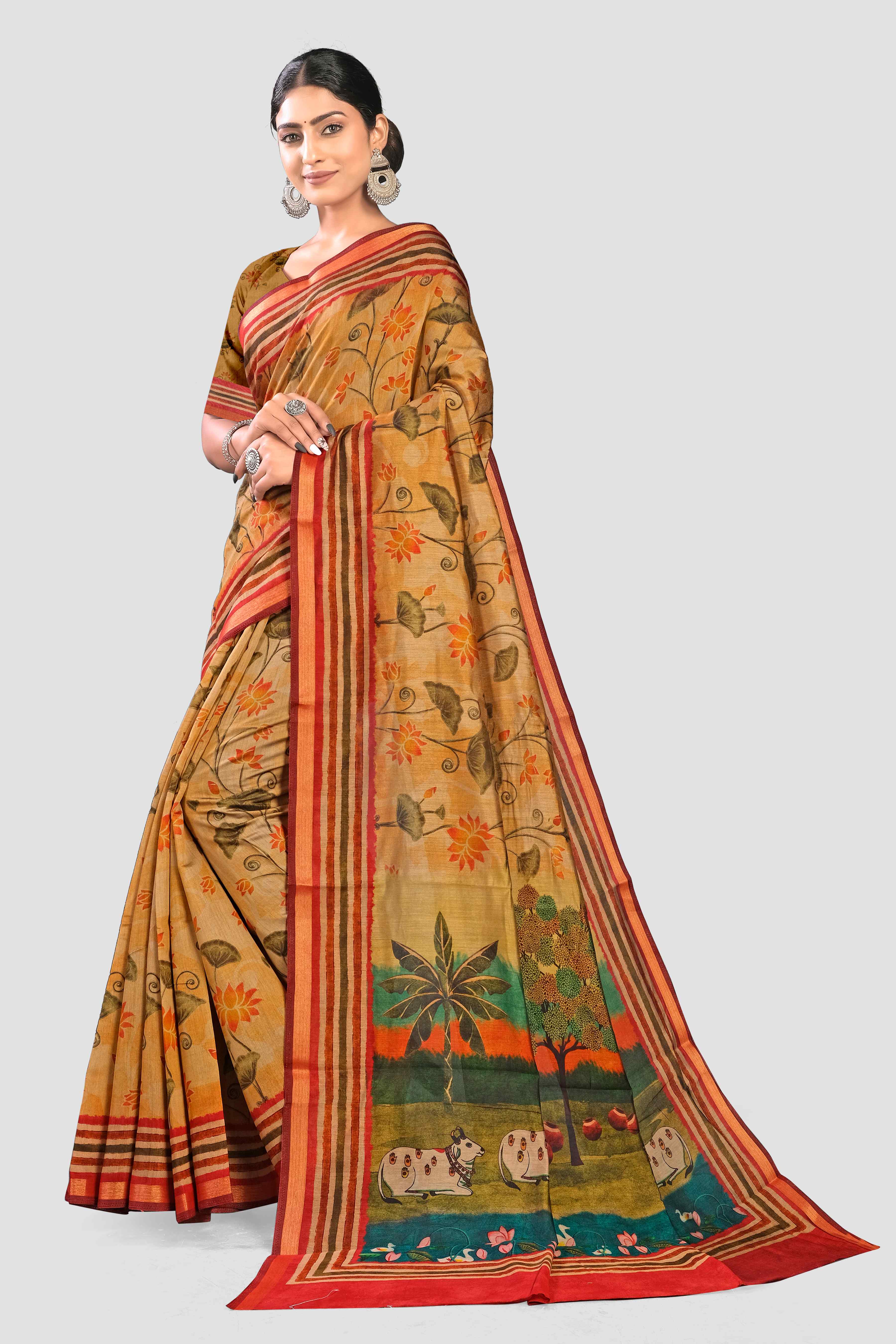 Cream Kalamkari print Cotton Saree 